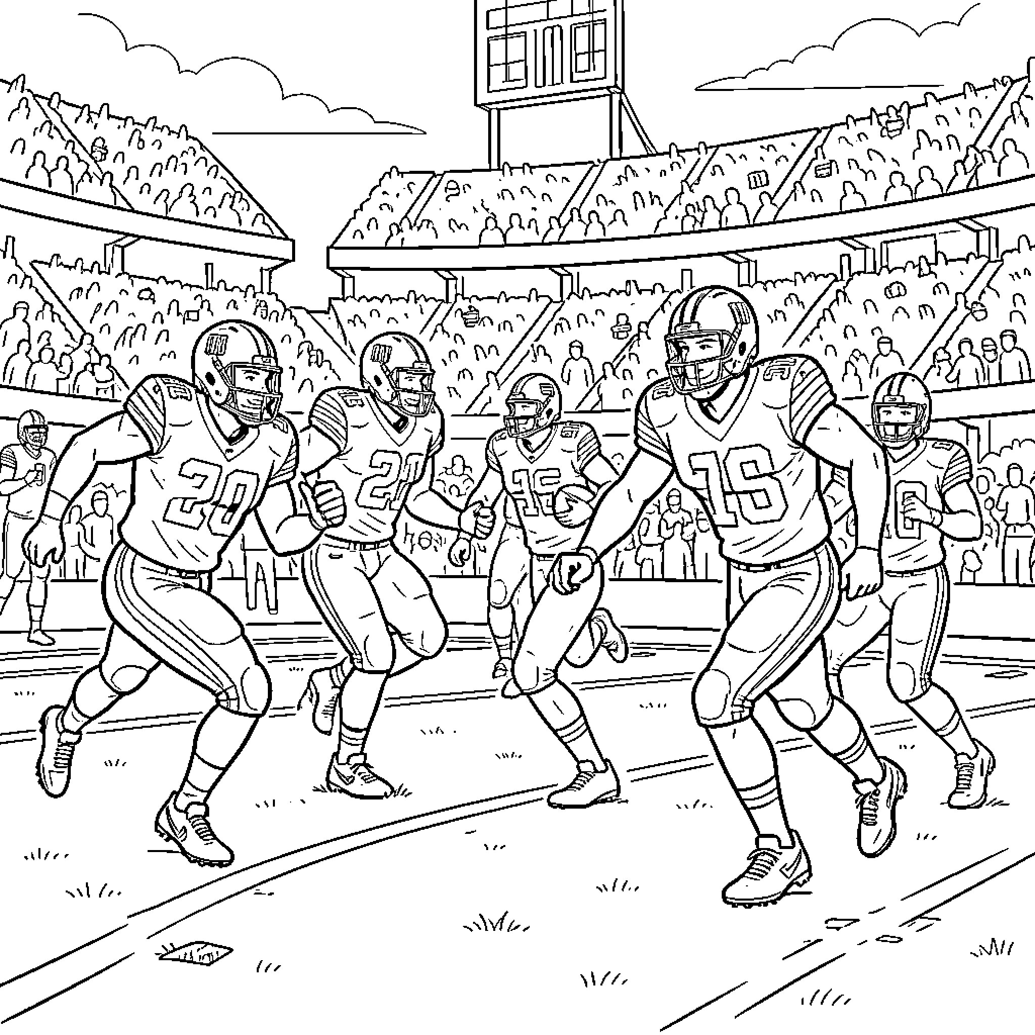 Football Giant players celebrating a victory on the field Coloring Page (free black-and-white line drawing printable PDF for all, from beginners to advanced learners, including children, teens, adults, and seniors)