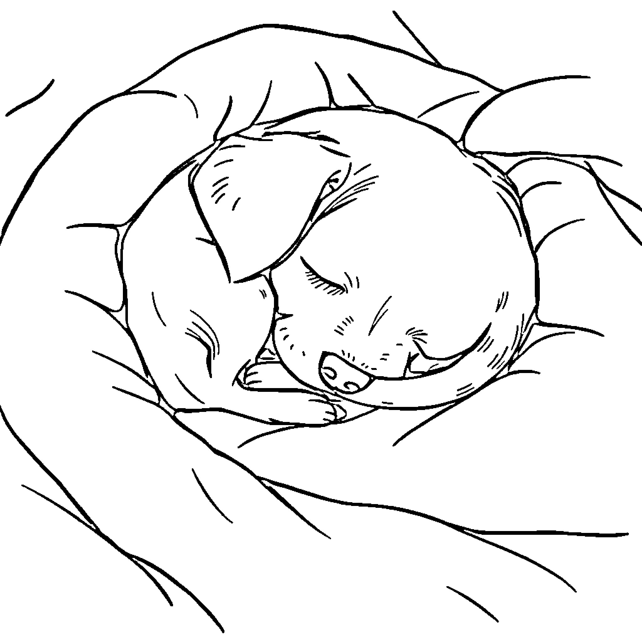 Dog sleeping peacefully in cozy nest Coloring Page (free black-and-white line drawing printable PDF for all, from beginners to advanced learners, including children, teens, adults, and seniors)