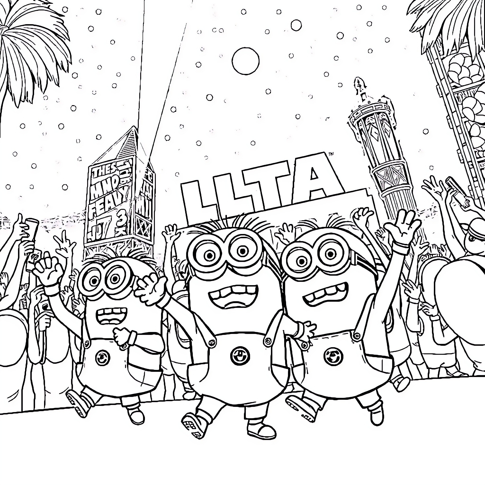 Minions celebrating at a lively festival Coloring Page (free black-and-white line drawing printable PDF for all, from beginners to advanced learners, including children, teens, adults, and seniors)