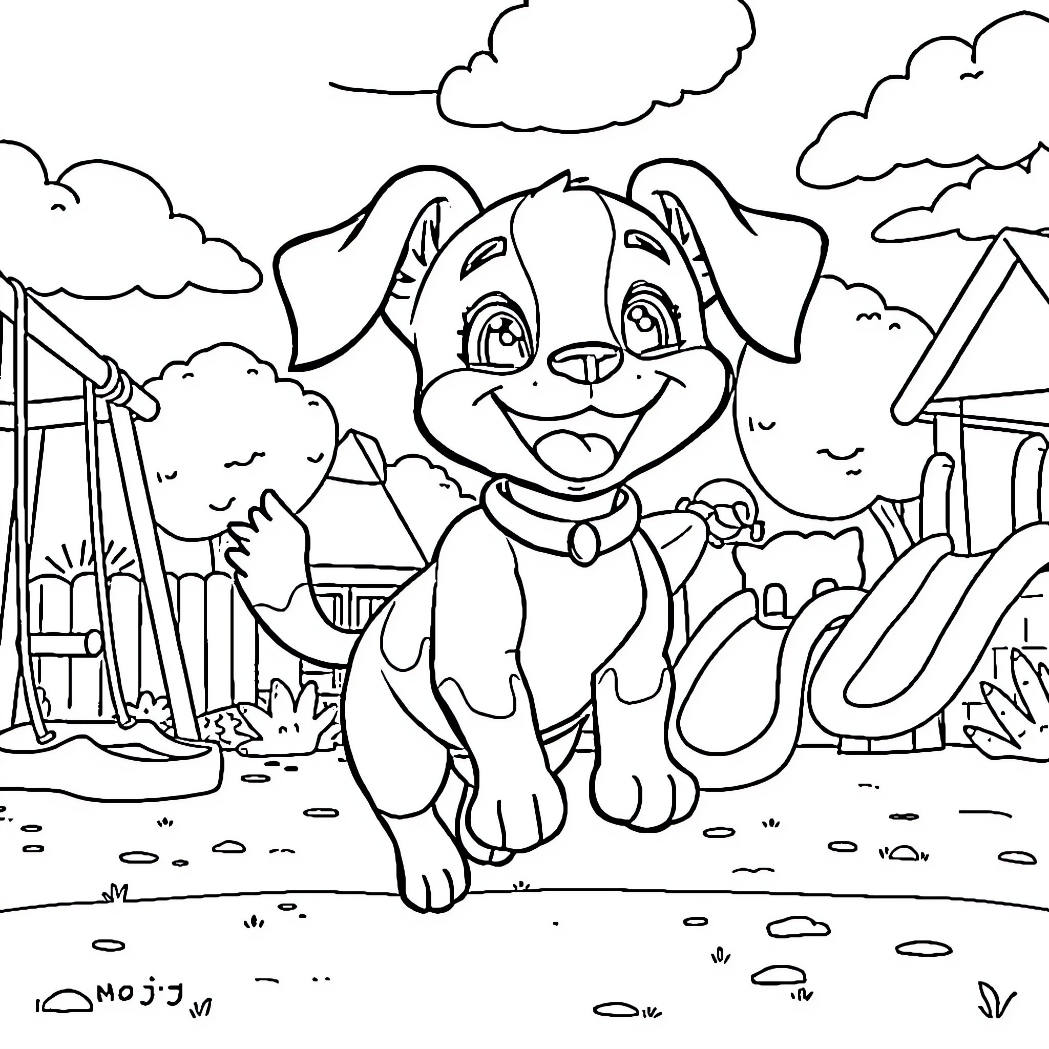 Dog playing happily in the backyard Coloring Page (free black-and-white line drawing printable PDF for all, from beginners to advanced learners, including children, teens, adults, and seniors)