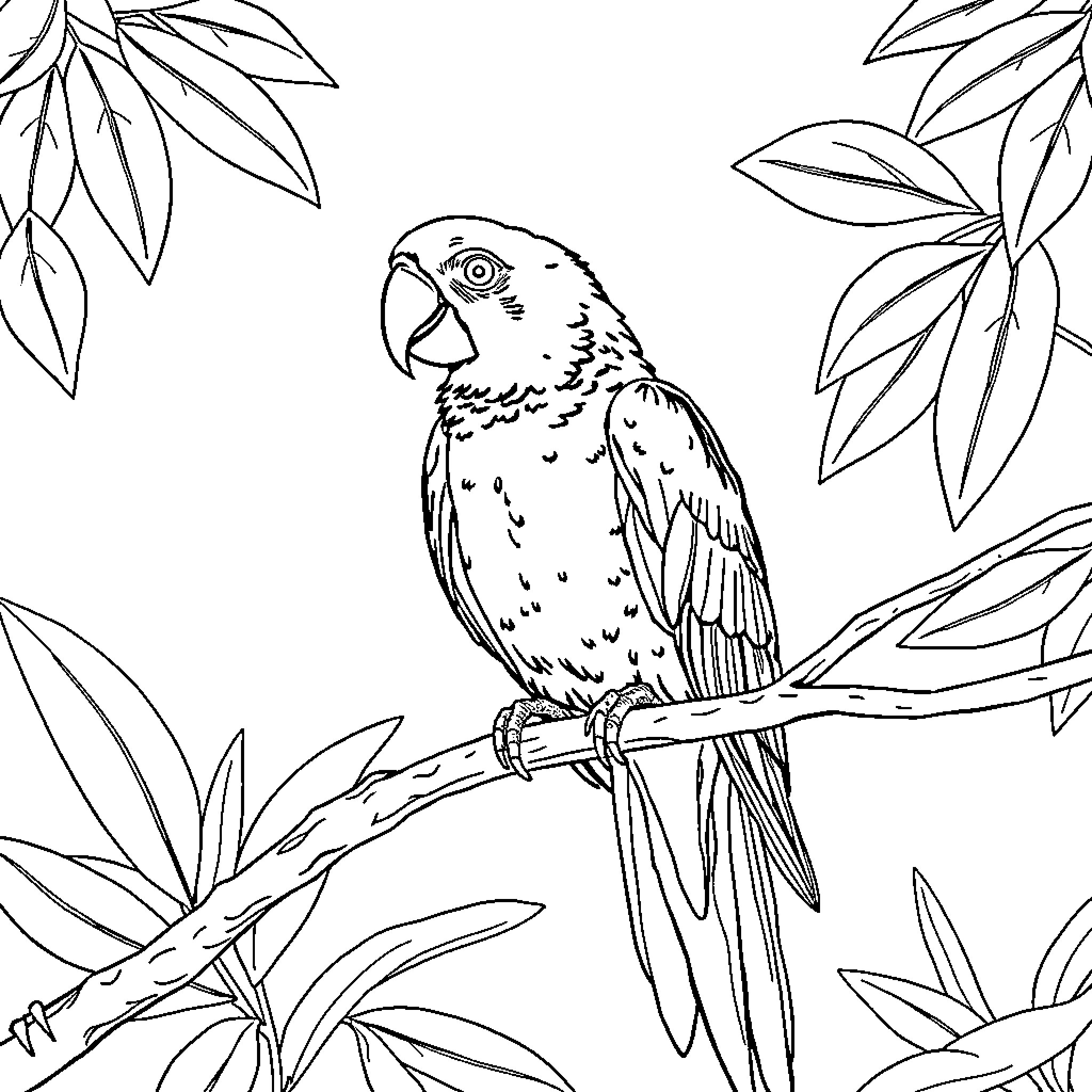 Parrot perched amidst tropical foliage Coloring Page (free black-and-white line drawing printable PDF for all, from beginners to advanced learners, including children, teens, adults, and seniors)