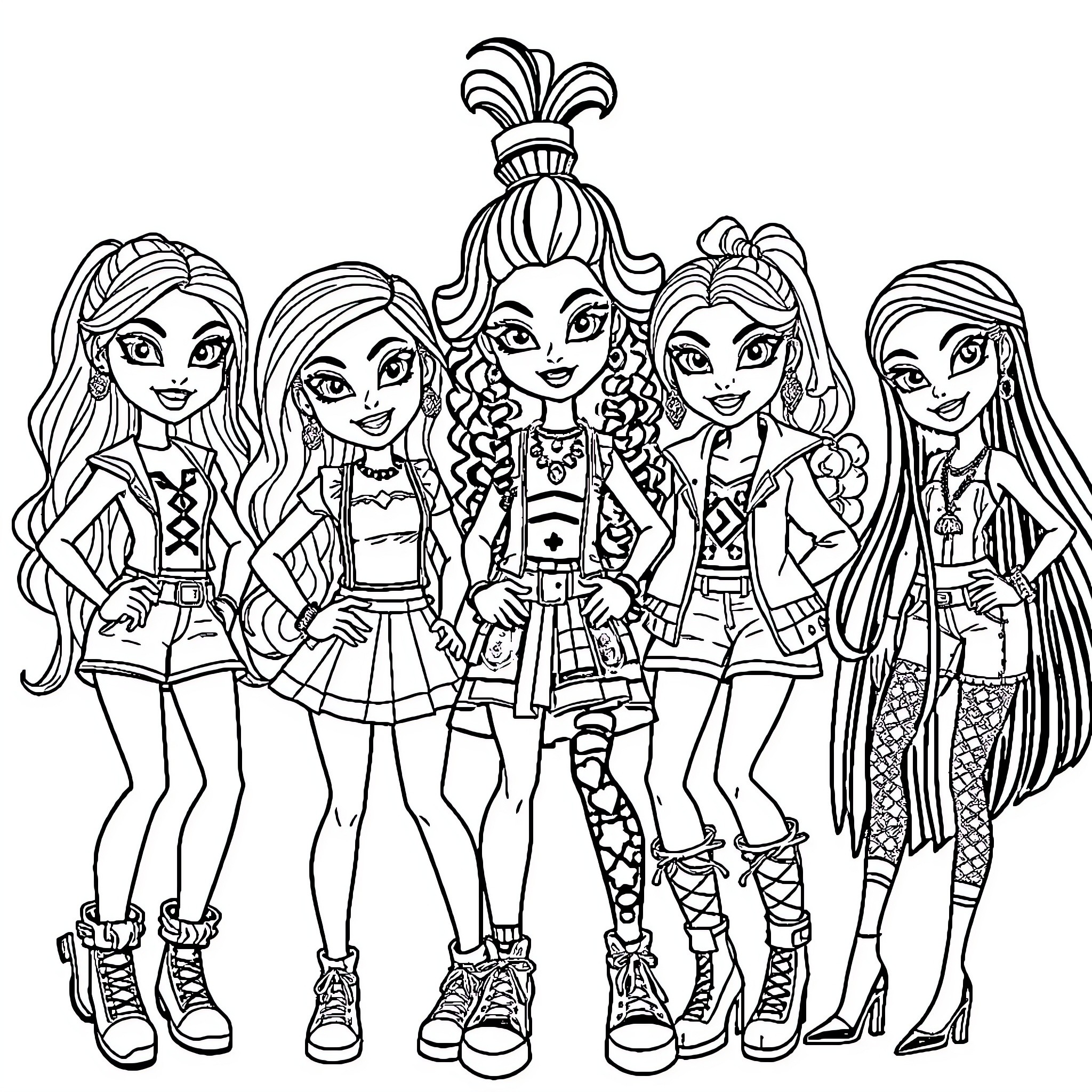 Bratz doll friends posing together in stylish outfits Coloring Page (free black-and-white line drawing printable PDF for all, from beginners to advanced learners, including children, teens, adults, and seniors)