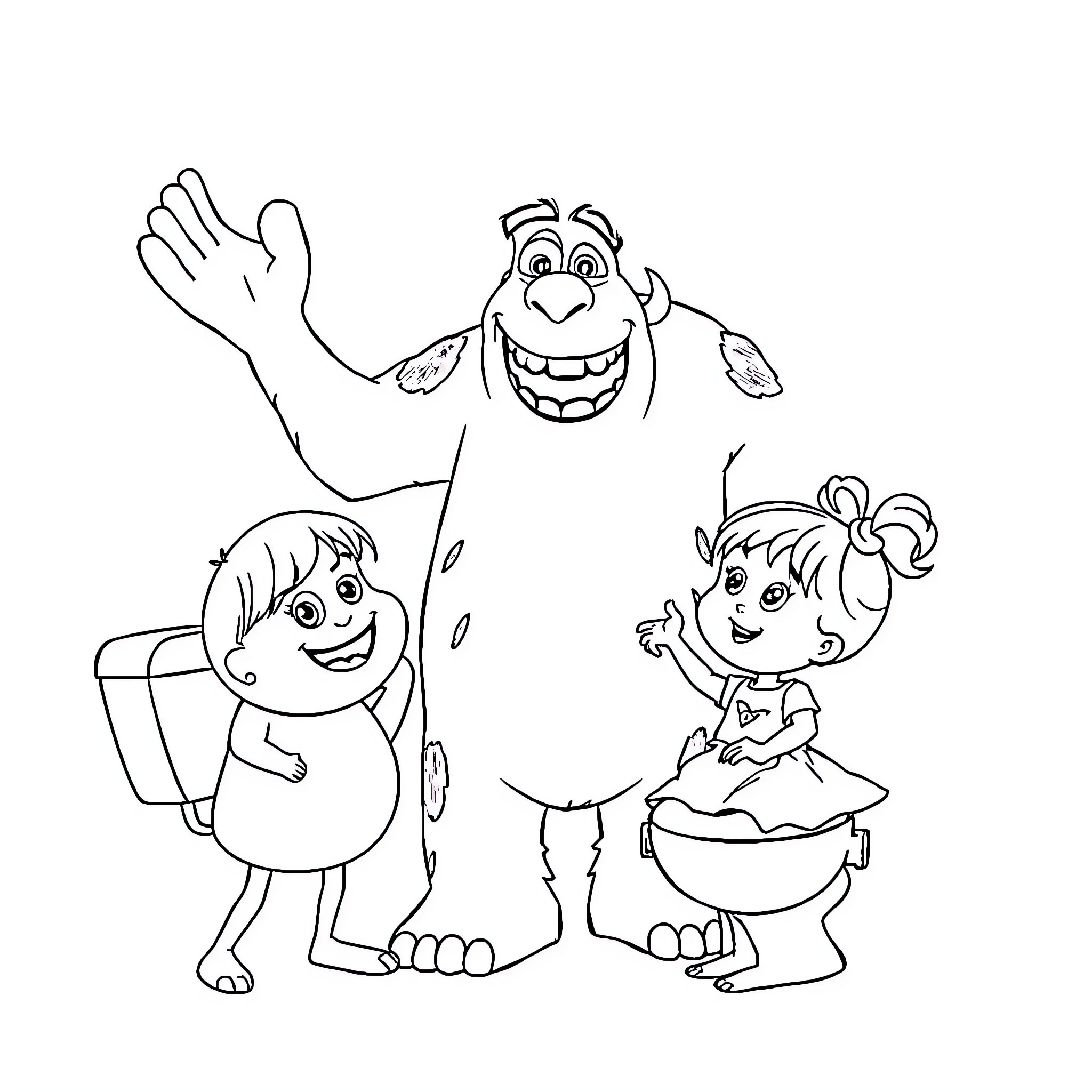 Sully and friends in a playful scene Coloring Page (free black-and-white line drawing printable PDF for all, from beginners to advanced learners, including children, teens, adults, and seniors)