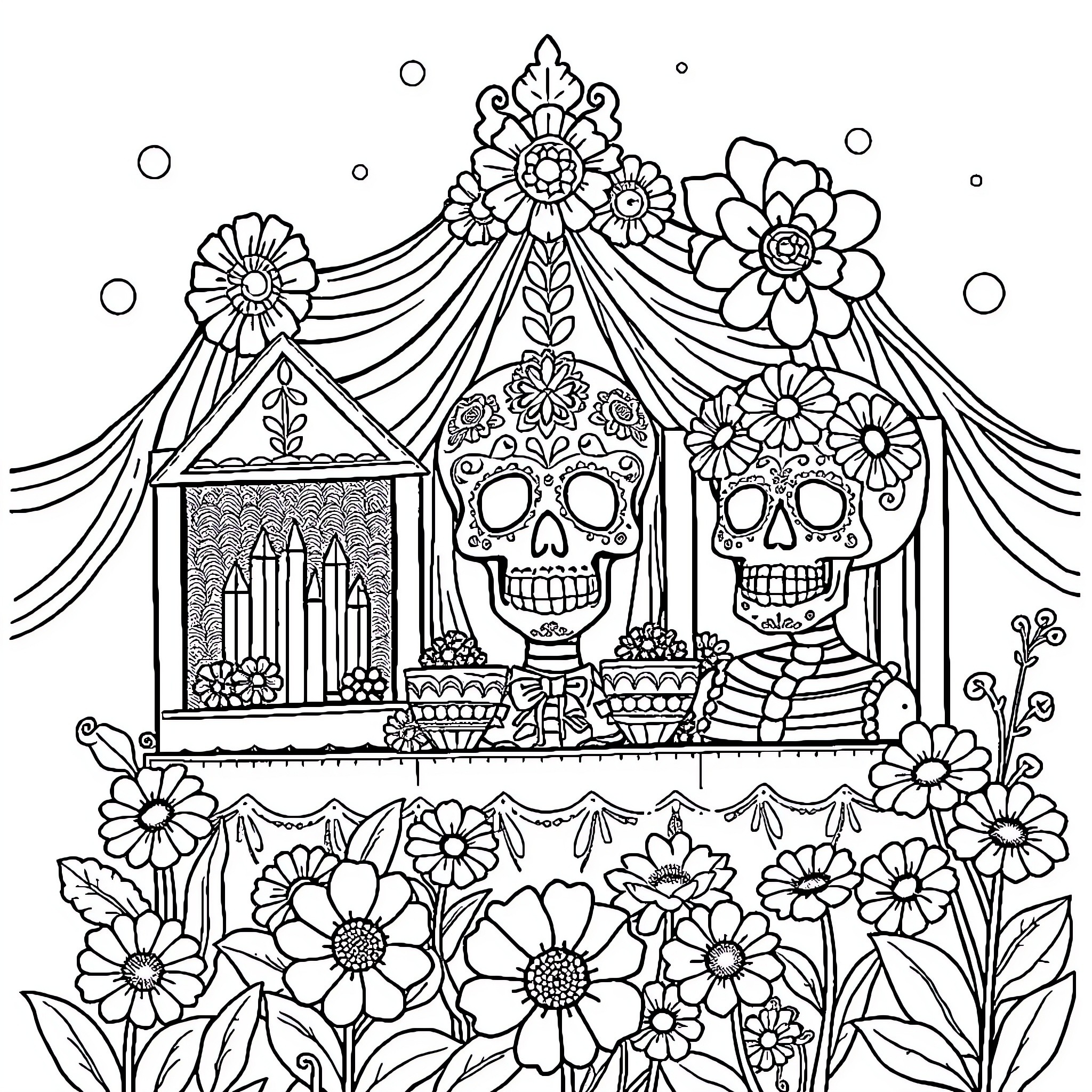 Dia de Muertos celebration with decorative skulls and flowers Coloring Page (free black-and-white line drawing printable PDF for all, from beginners to advanced learners, including children, teens, adults, and seniors)