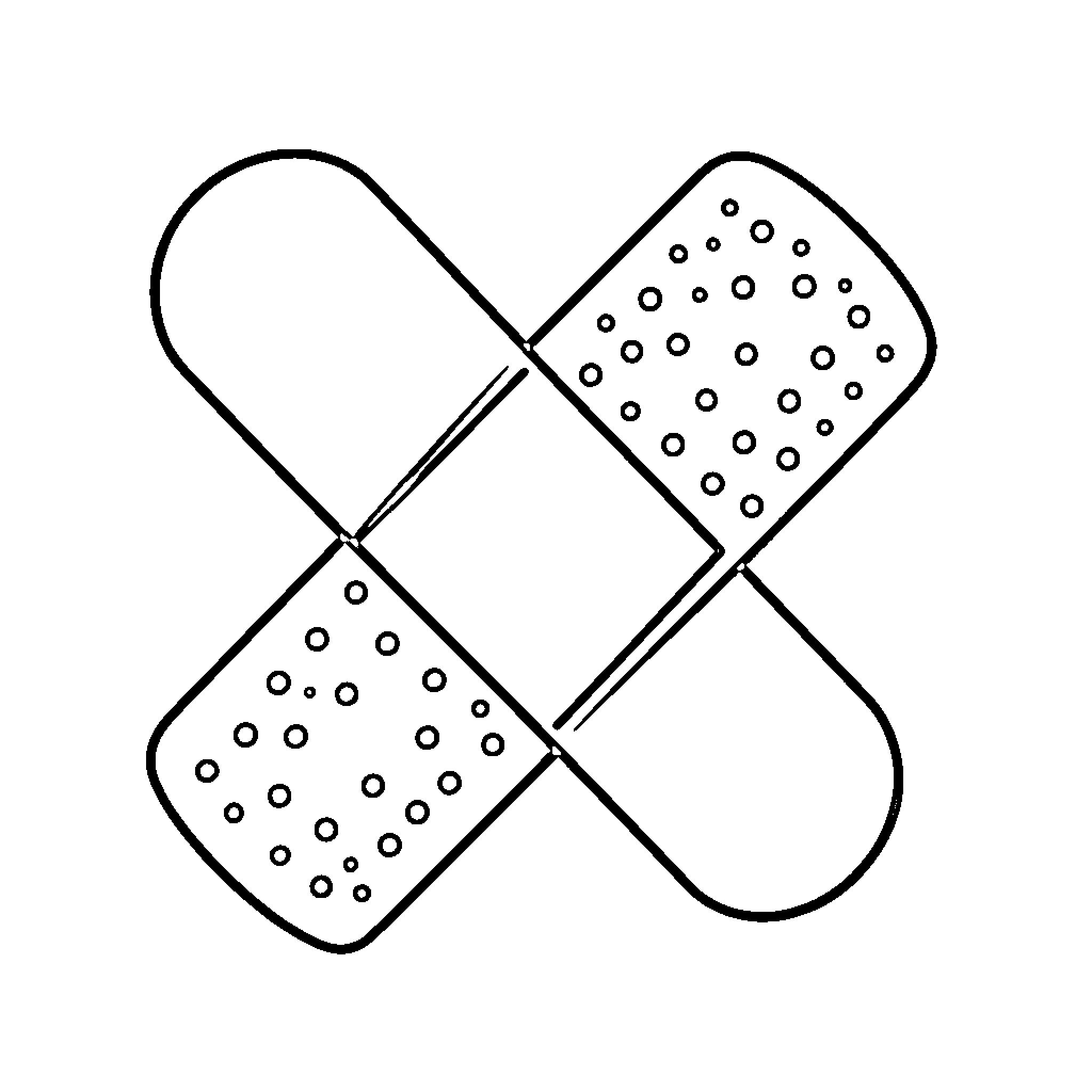 Heart shaped bandages crossed in an X pattern Coloring Page (free black-and-white line drawing printable PDF for all, from beginners to advanced learners, including children, teens, adults, and seniors)