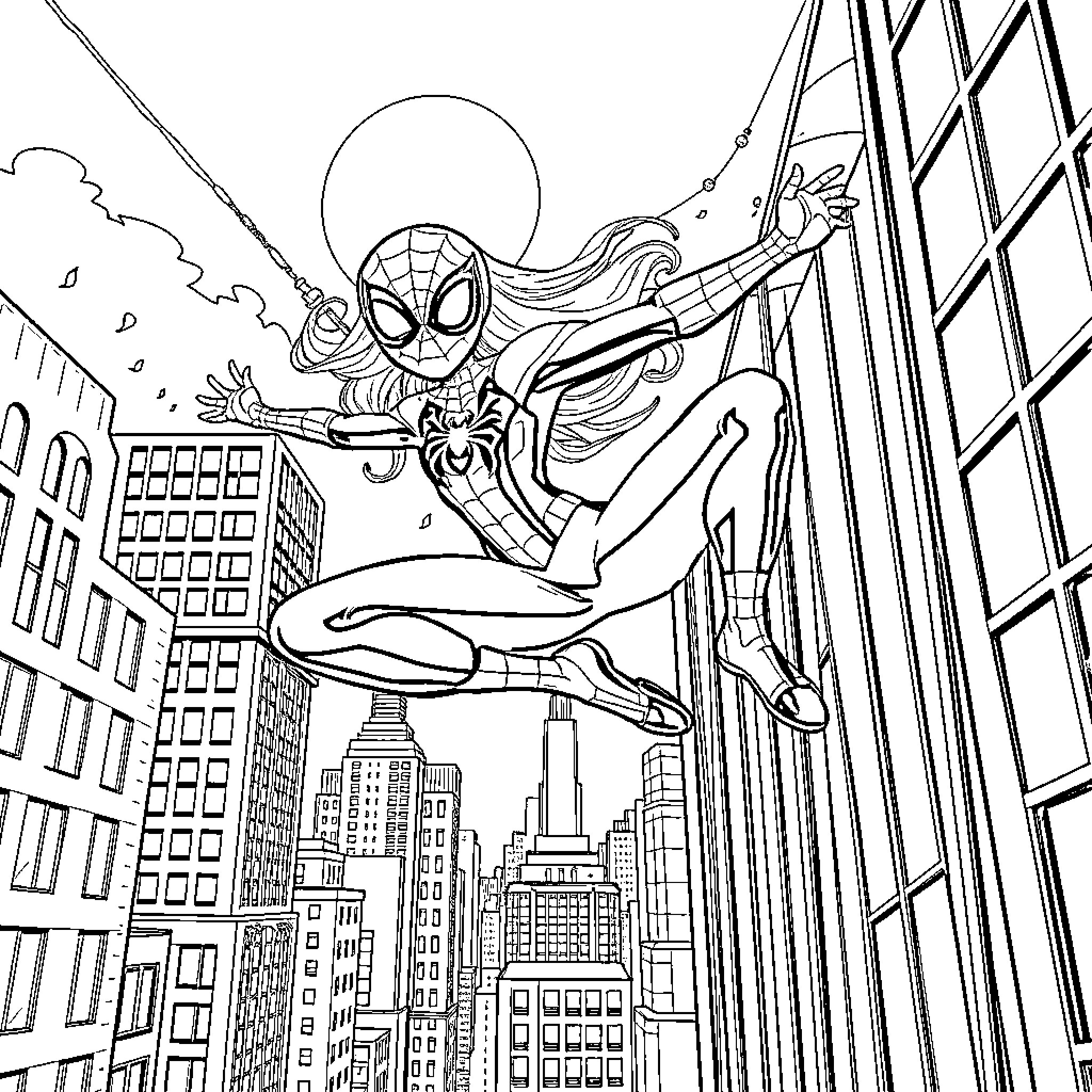 Spidergirl swinging through the city skyline Coloring Page (free black-and-white line drawing printable PDF for all, from beginners to advanced learners, including children, teens, adults, and seniors)