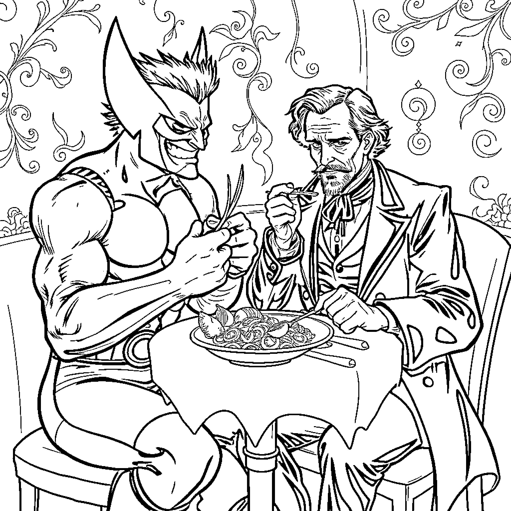 Wolverine sharing a meal with a mysterious companion Coloring Page (free black-and-white line drawing printable PDF for all, from beginners to advanced learners, including children, teens, adults, and seniors)