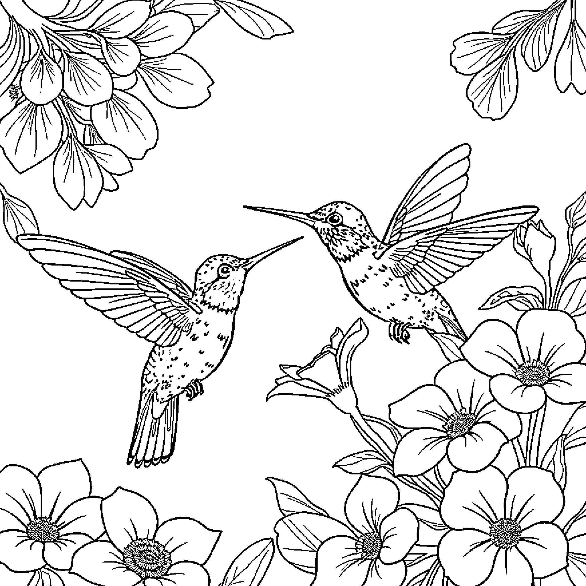 Hummingbirds dancing among floral blooms Coloring Page (free black-and-white line drawing printable PDF for all, from beginners to advanced learners, including children, teens, adults, and seniors)