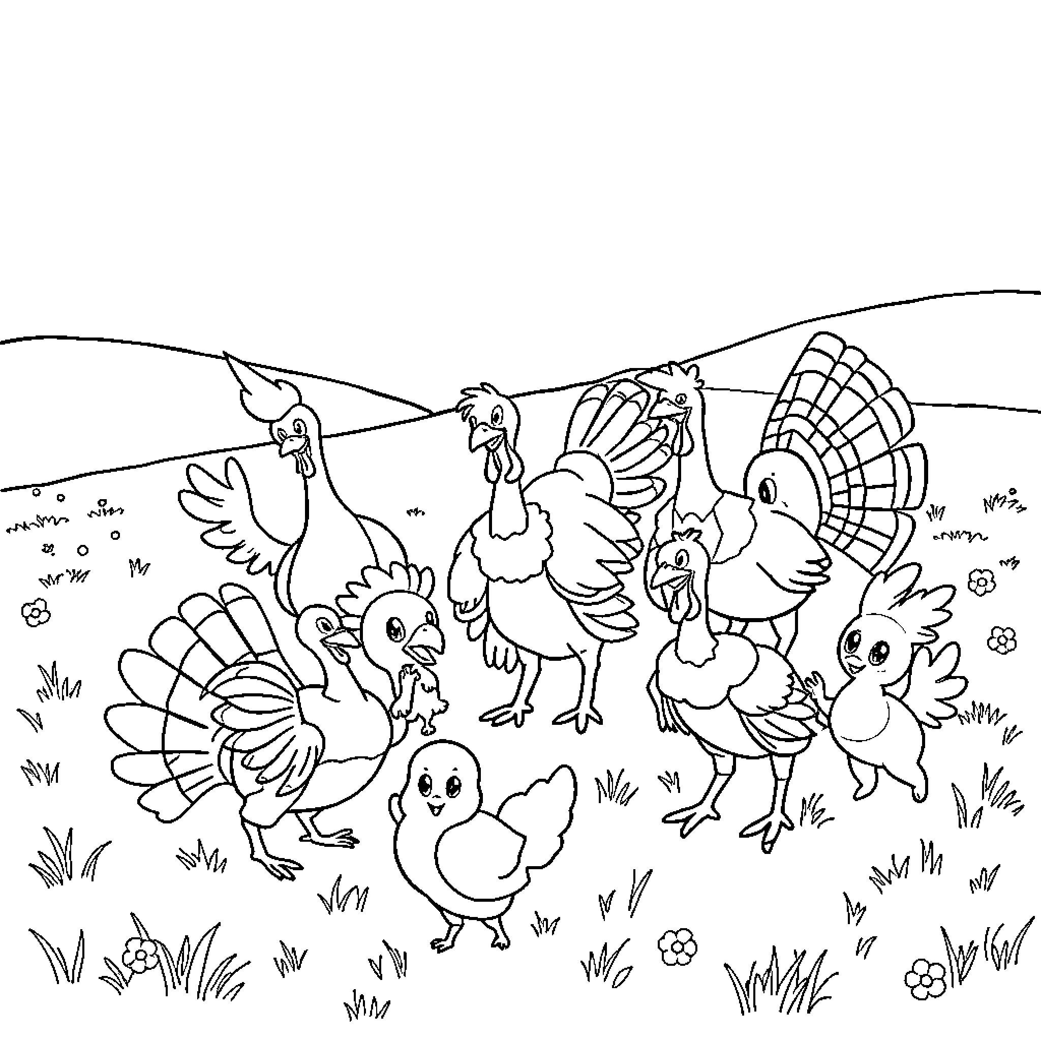 Pokémon-inspired group of adorable farm animals Coloring Page (free black-and-white line drawing printable PDF for all, from beginners to advanced learners, including children, teens, adults, and seniors)