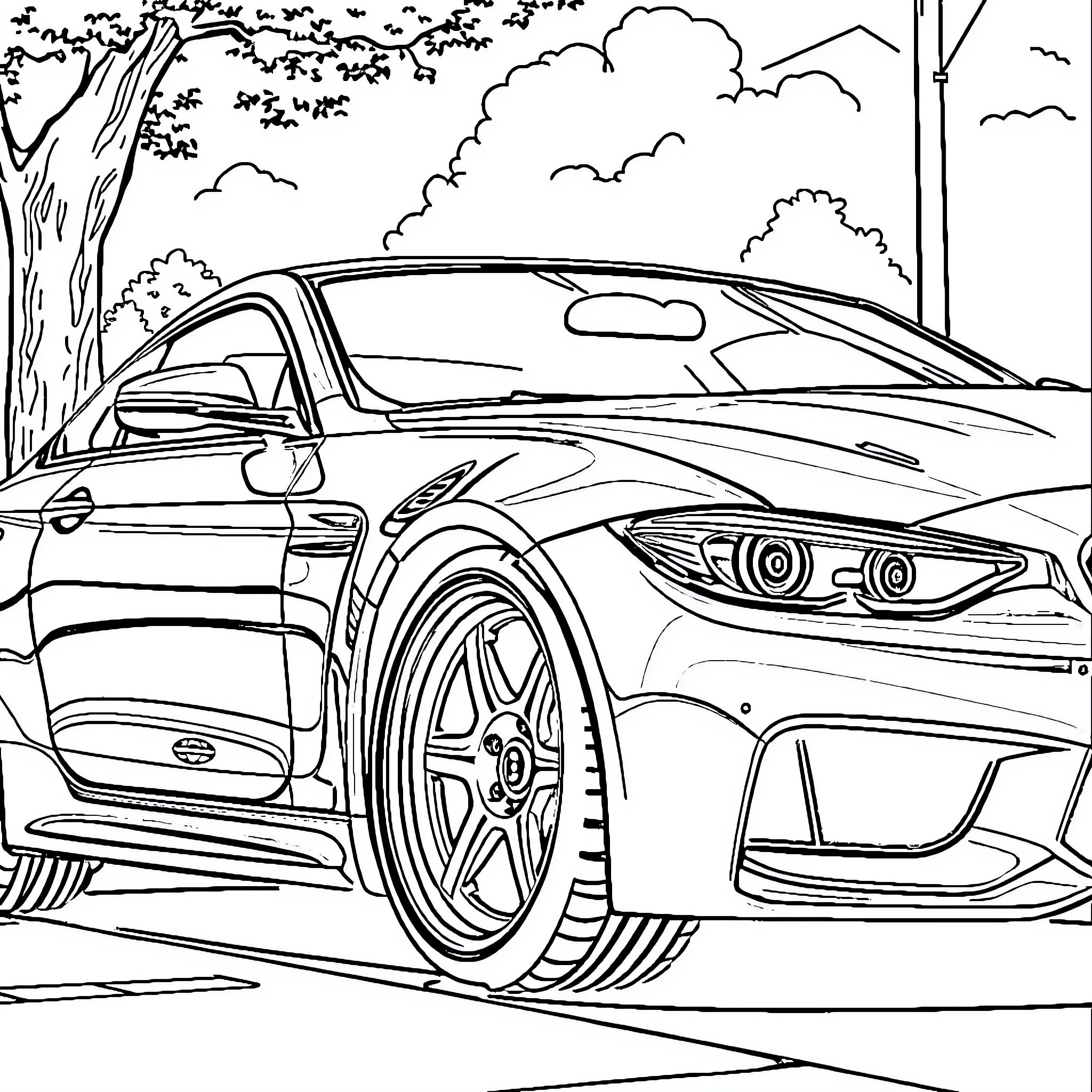 Car with stylish wheels on a winding road Coloring Page (free black-and-white line drawing printable PDF for all, from beginners to advanced learners, including children, teens, adults, and seniors)