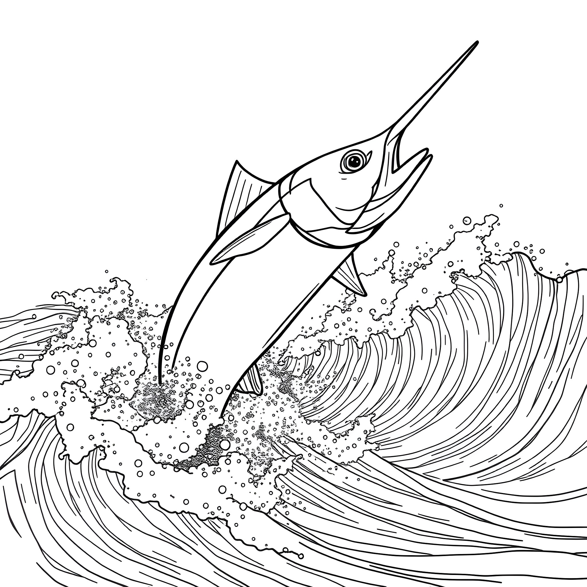 Mahi Mahi leaping through crashing waves Coloring Page (free black-and-white line drawing printable PDF for all, from beginners to advanced learners, including children, teens, adults, and seniors)