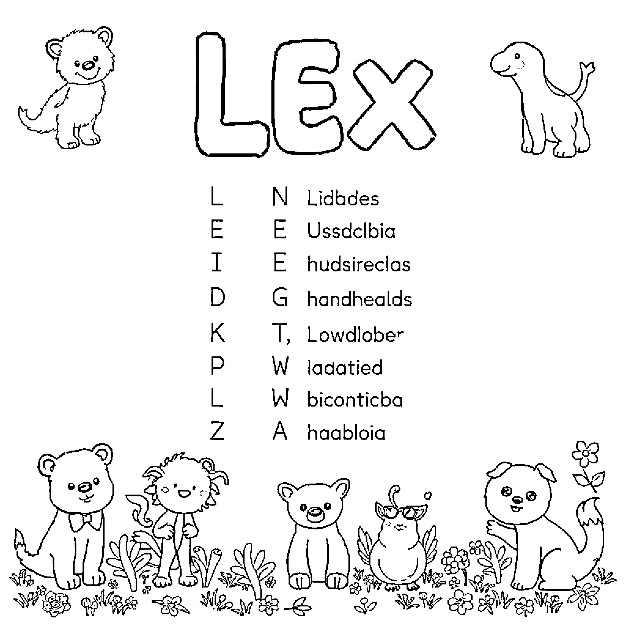 Animal friends playing in the meadow Coloring Page (free black-and-white line drawing printable PDF for all, from beginners to advanced learners, including children, teens, adults, and seniors)