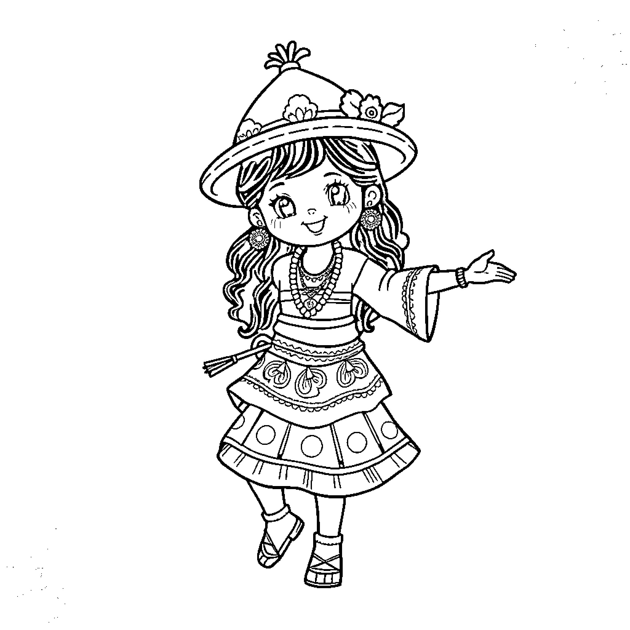 Kawaii Girl in Traditional Dress Dancing Coloring Page (free black-and-white line drawing printable PDF for all, from beginners to advanced learners, including children, teens, adults, and seniors)