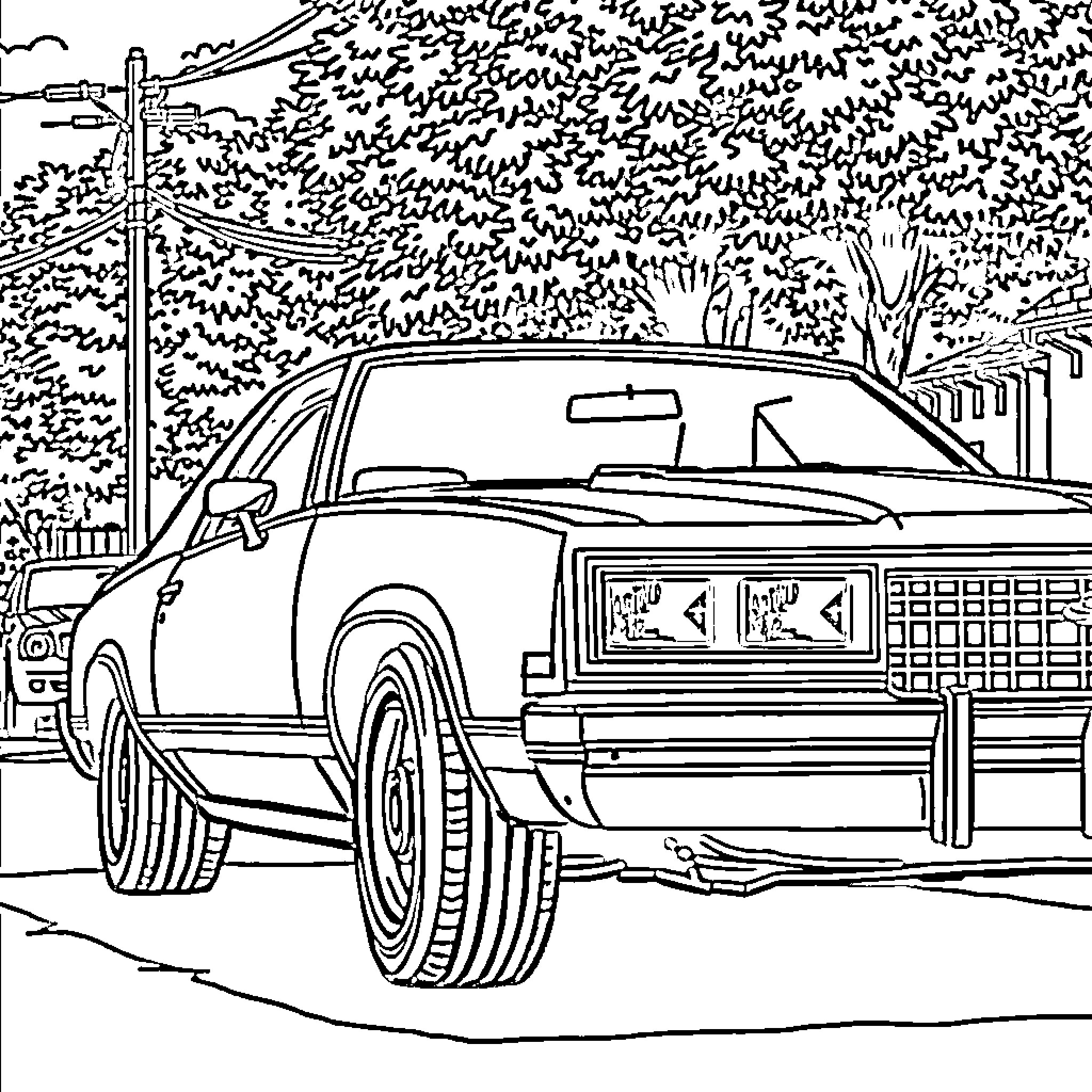 El Camino Parked on Suburban Street Coloring Page (free black-and-white line drawing printable PDF for all, from beginners to advanced learners, including children, teens, adults, and seniors)