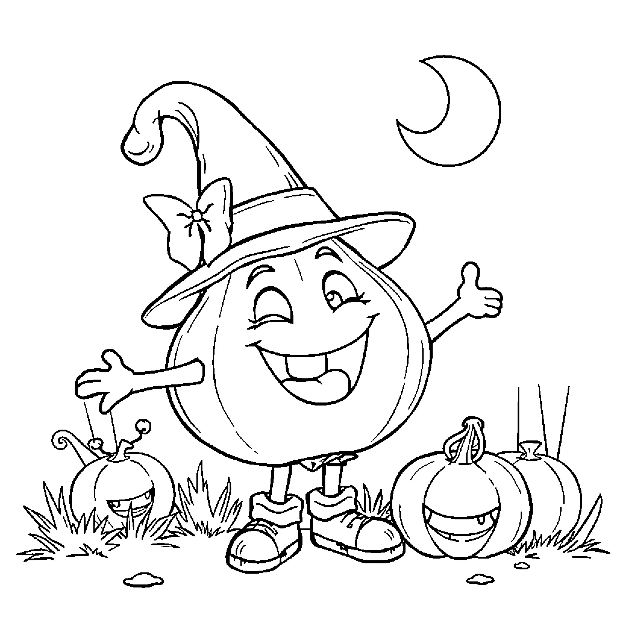 Onion smiling in a witch's hat with pumpkins Coloring Page (free black-and-white line drawing printable PDF for all, from beginners to advanced learners, including children, teens, adults, and seniors)