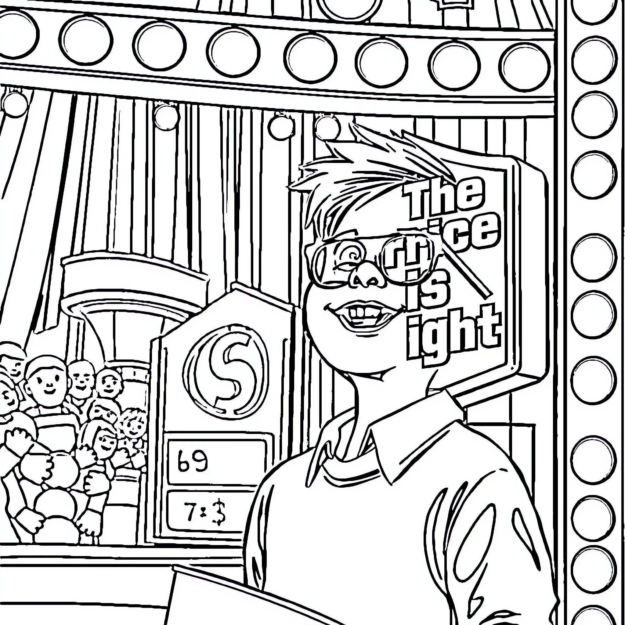 Boy in cartoon theater watching a show Coloring Page (free black-and-white line drawing printable PDF for all, from beginners to advanced learners, including children, teens, adults, and seniors)