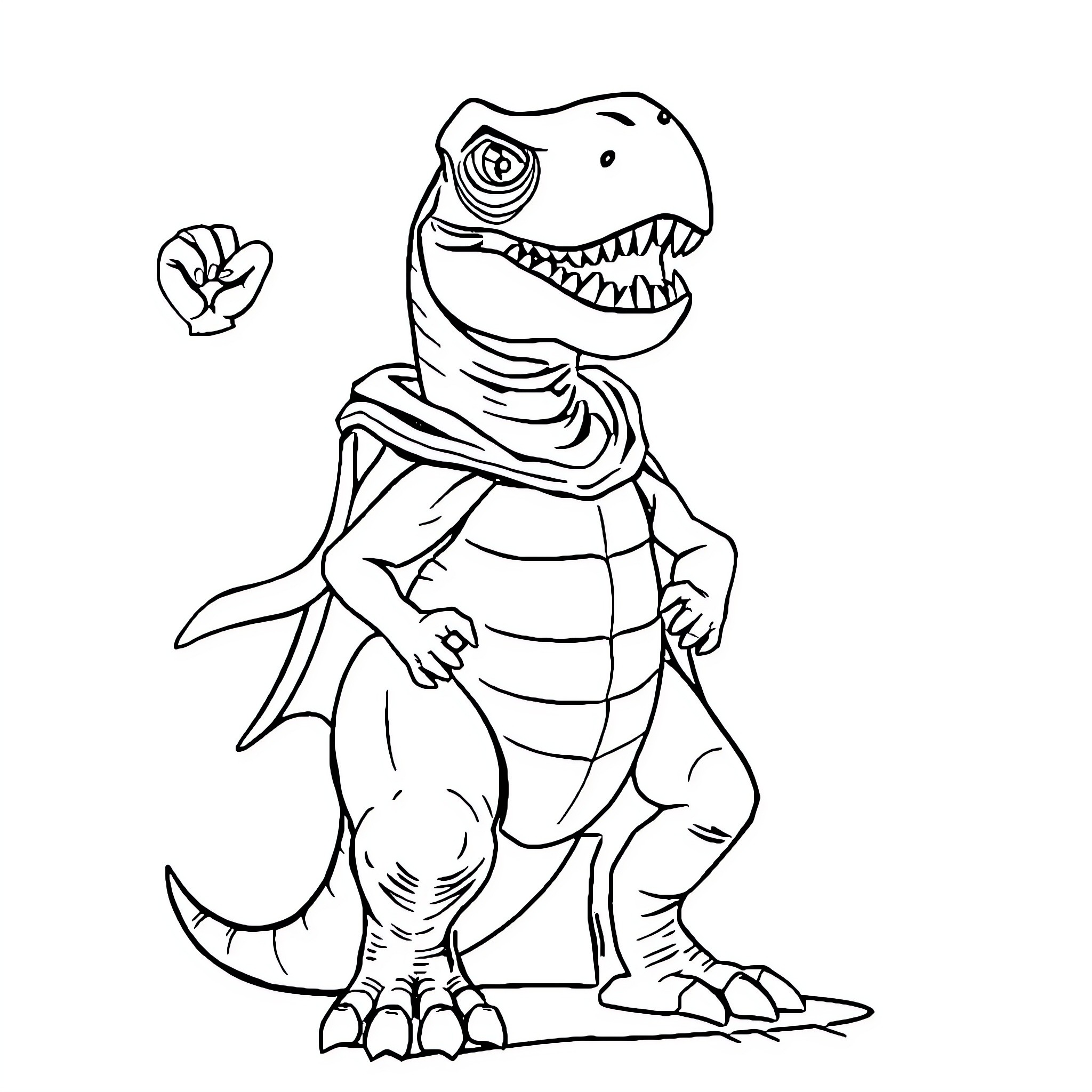 T-Rex playing a superhero in costume Coloring Page (free black-and-white line drawing printable PDF for all, from beginners to advanced learners, including children, teens, adults, and seniors)