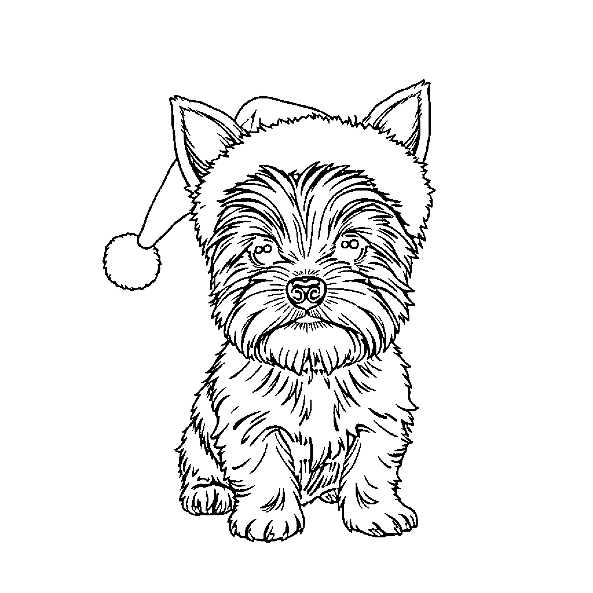 Yorkie wearing festive hat and looking cute Coloring Page (free black-and-white line drawing printable PDF for all, from beginners to advanced learners, including children, teens, adults, and seniors)