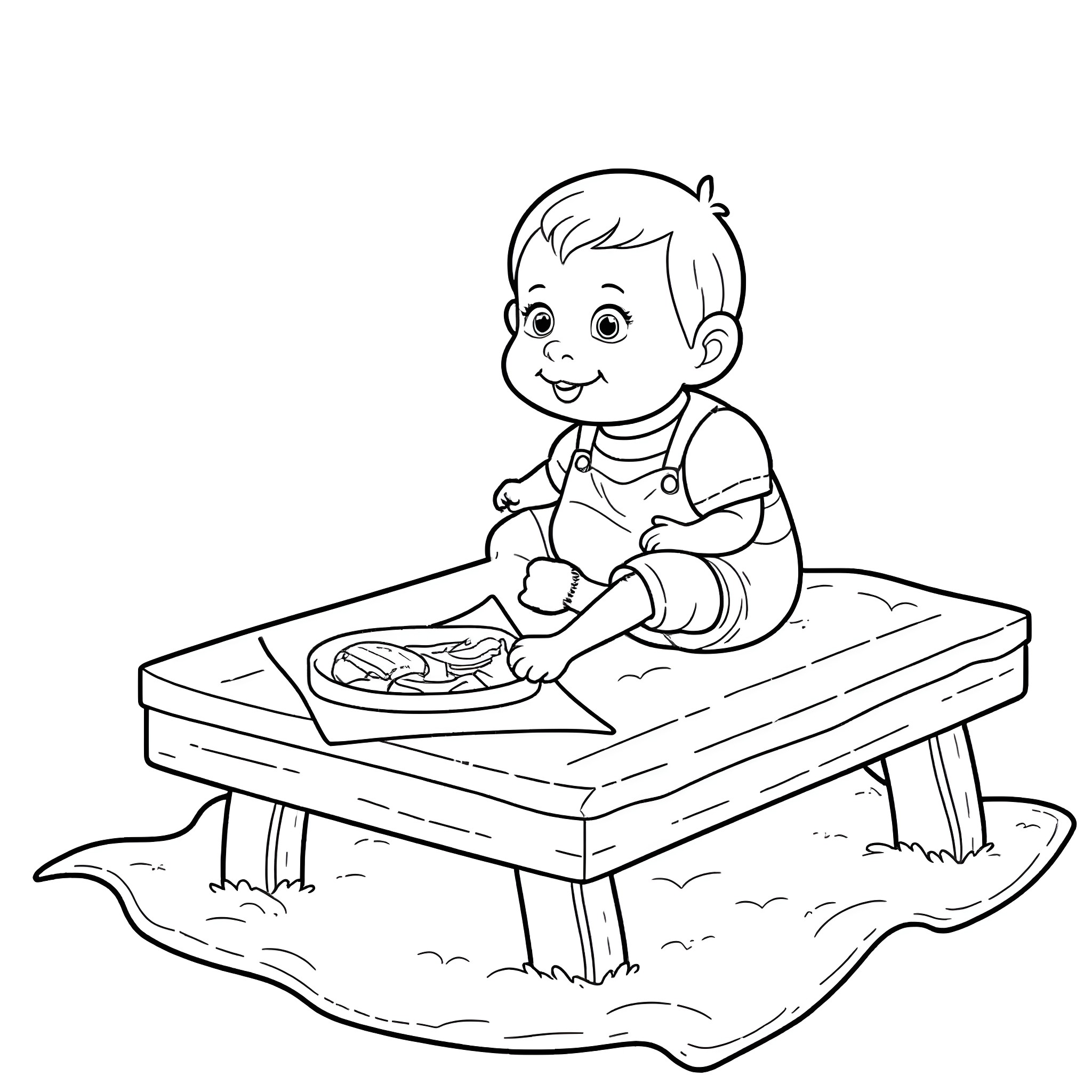 Baby playing happily with toys on a wooden table Coloring Page (free black-and-white line drawing printable PDF for all, from beginners to advanced learners, including children, teens, adults, and seniors)
