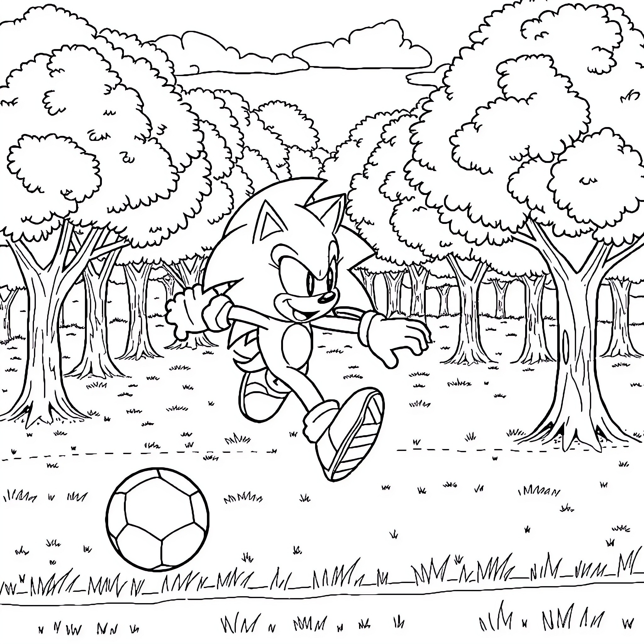 Sonic's Forest Adventure with Soccer Ball Coloring Page (free black-and-white line drawing printable PDF for all, from beginners to advanced learners, including children, teens, adults, and seniors)