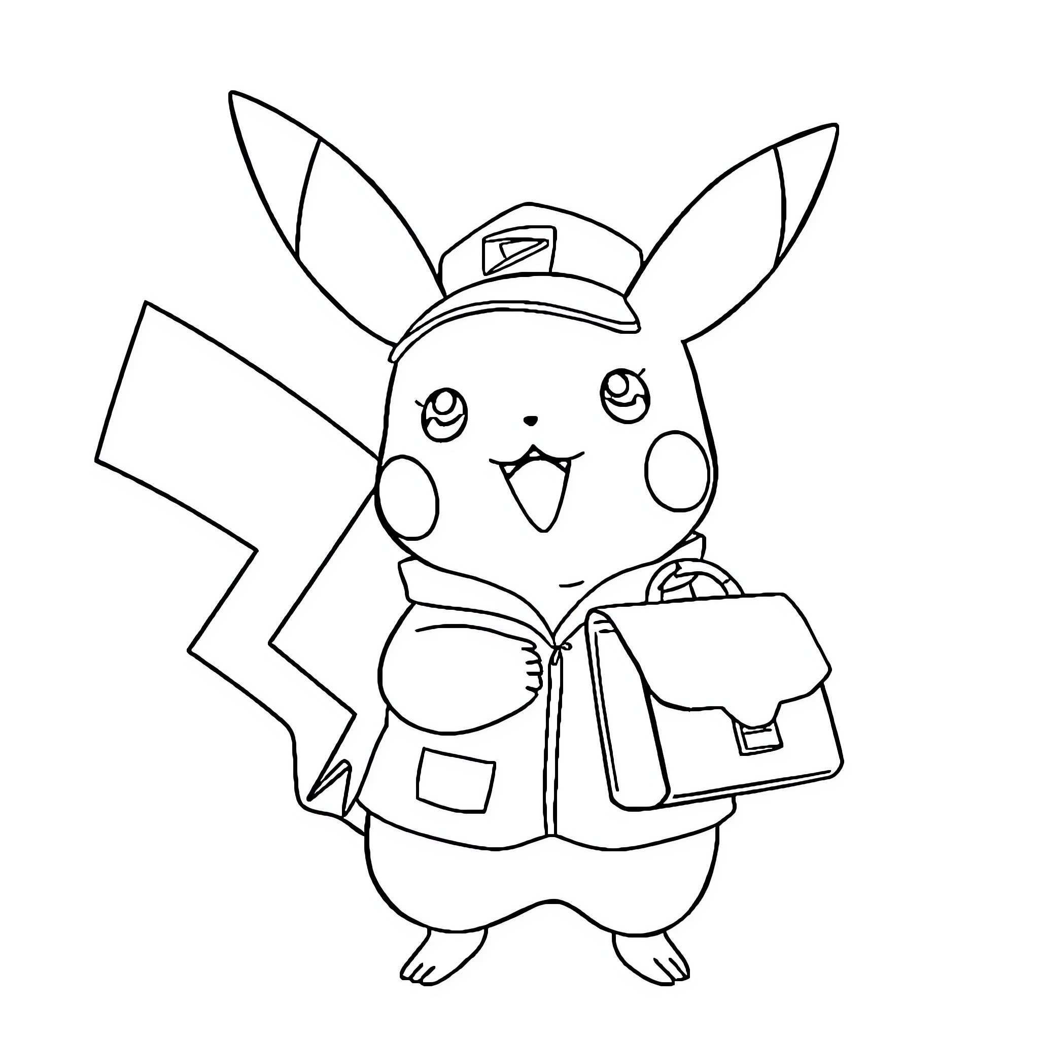 Pikachu in Uniform Carrying Briefcase Coloring Page (free black-and-white line drawing printable PDF for all, from beginners to advanced learners, including children, teens, adults, and seniors)