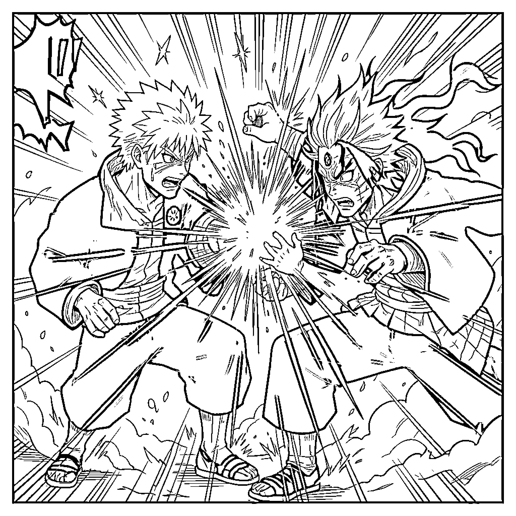 Gojo's Powerful Clash with Adversary in Epic Battle Coloring Page (free black-and-white line drawing printable PDF for all, from beginners to advanced learners, including children, teens, adults, and seniors)