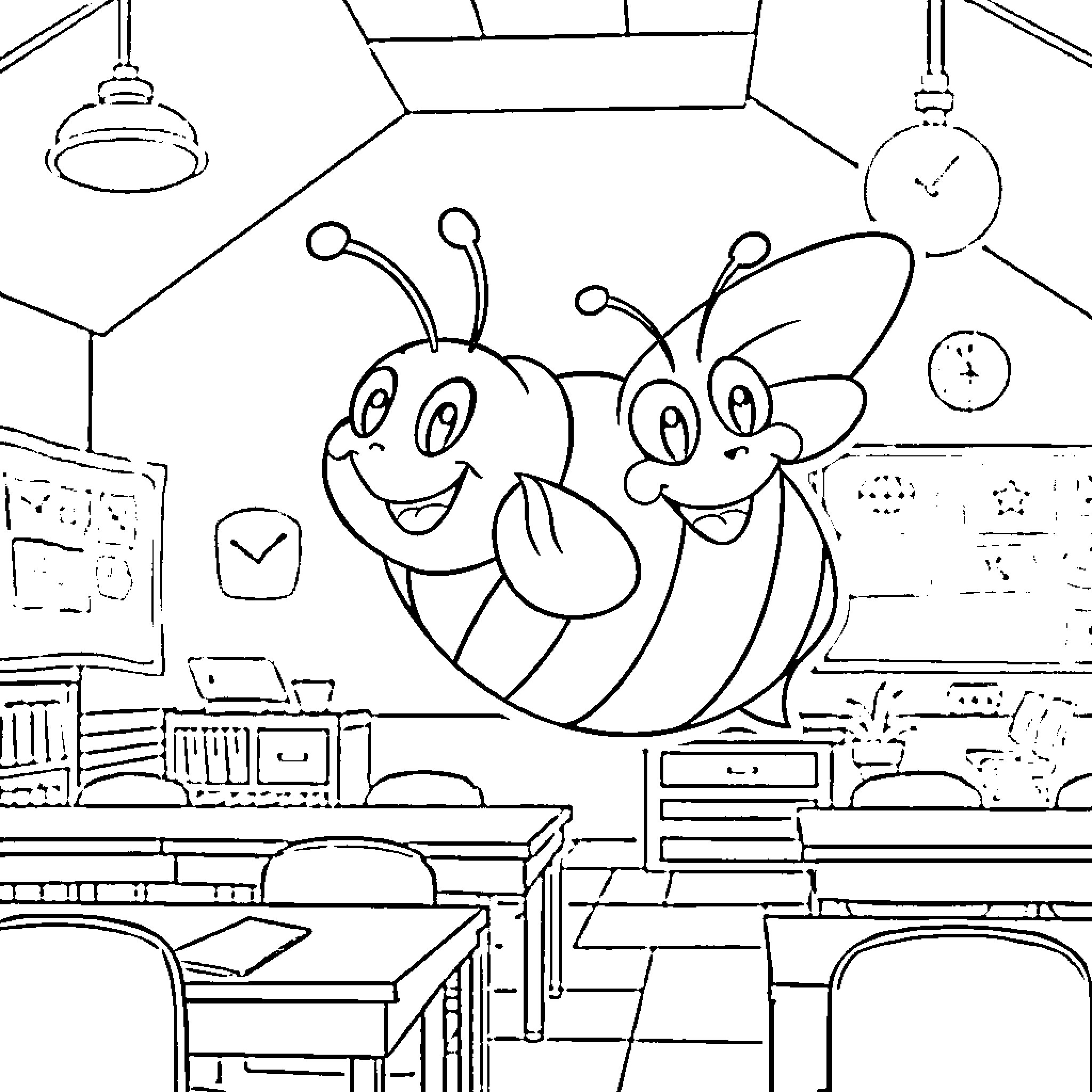 Bee friends in a cheerful classroom Coloring Page (free black-and-white line drawing printable PDF for all, from beginners to advanced learners, including children, teens, adults, and seniors)