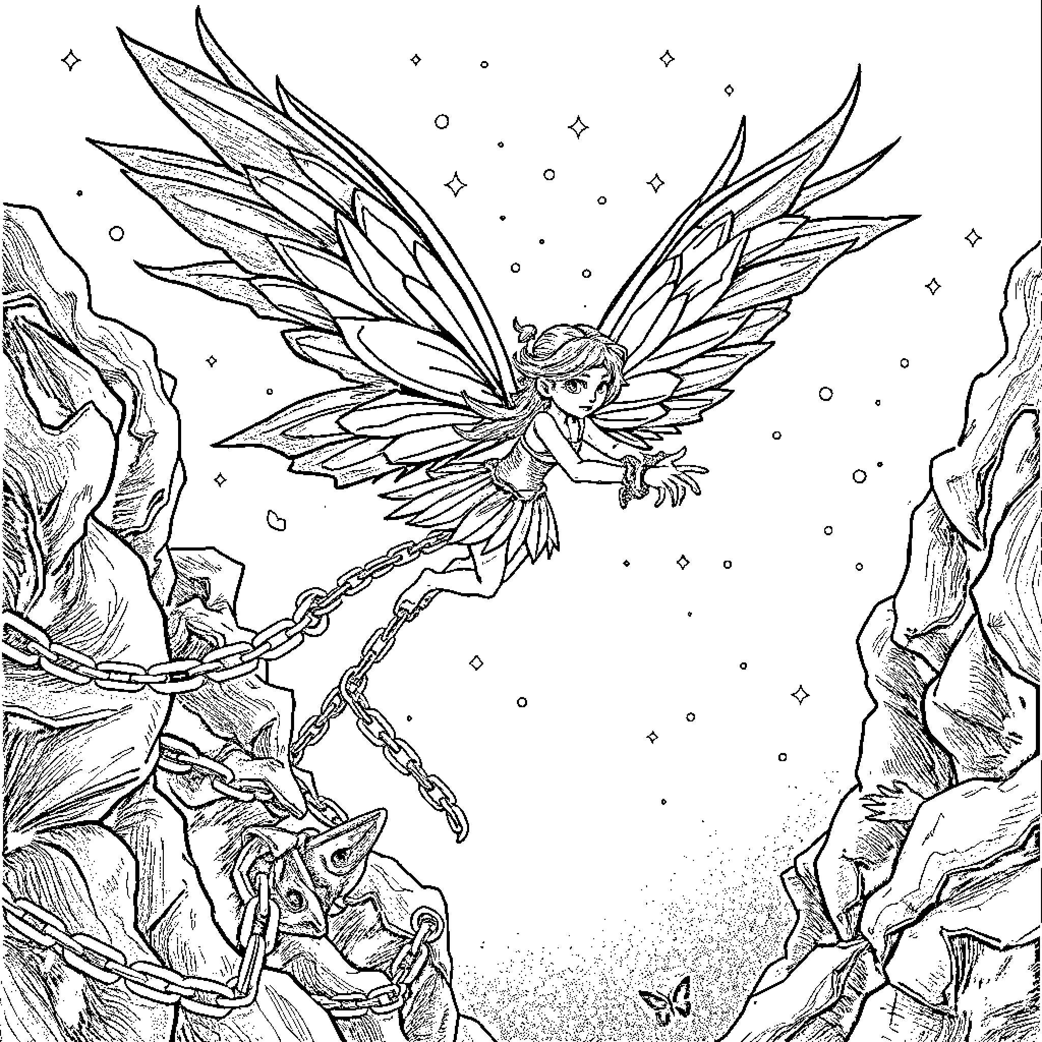 Fairy with wings soaring through the sky Coloring Page (free black-and-white line drawing printable PDF for all, from beginners to advanced learners, including children, teens, adults, and seniors)