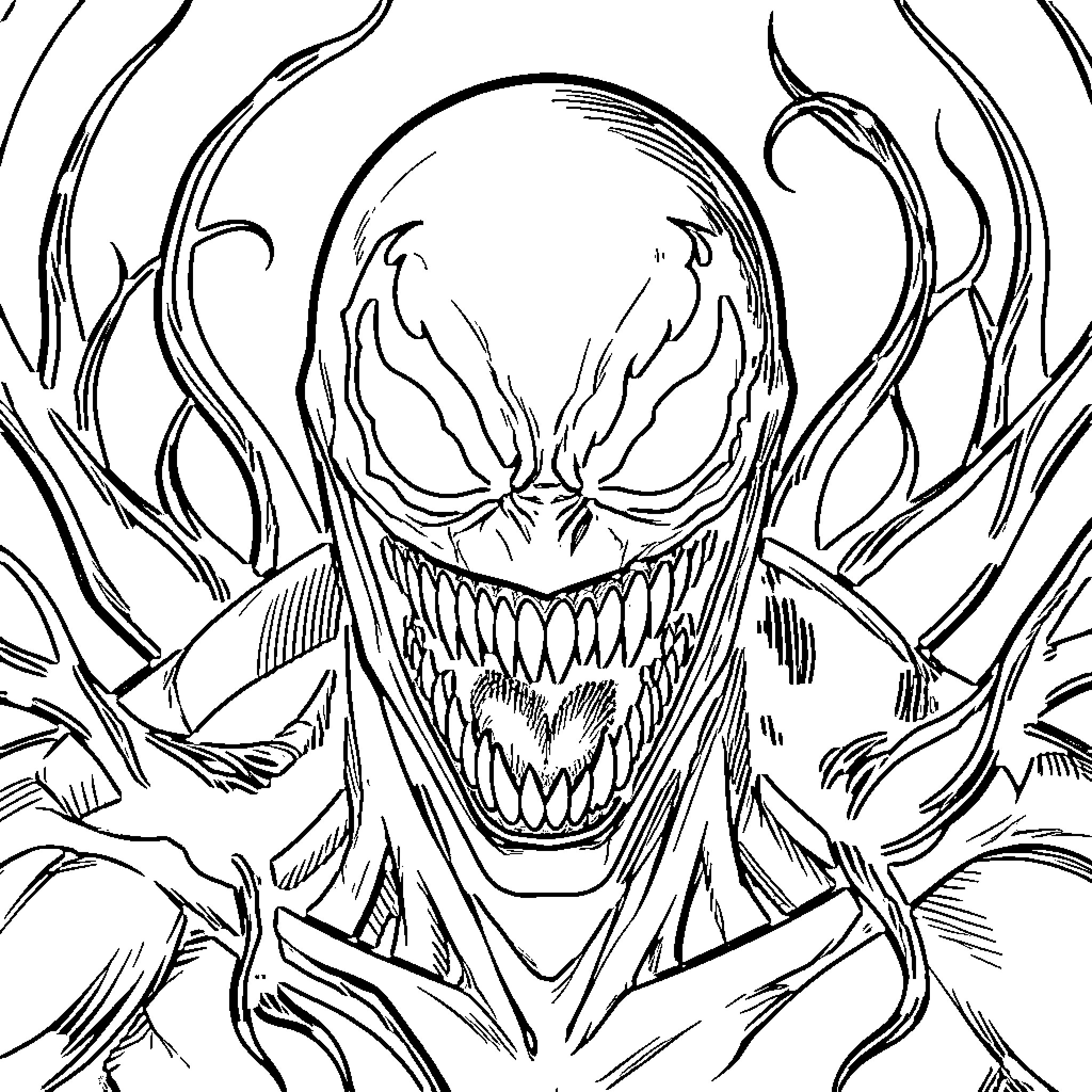 Venom's Ferocious Transformation Coloring Page (free black-and-white line drawing printable PDF for all, from beginners to advanced learners, including children, teens, adults, and seniors)