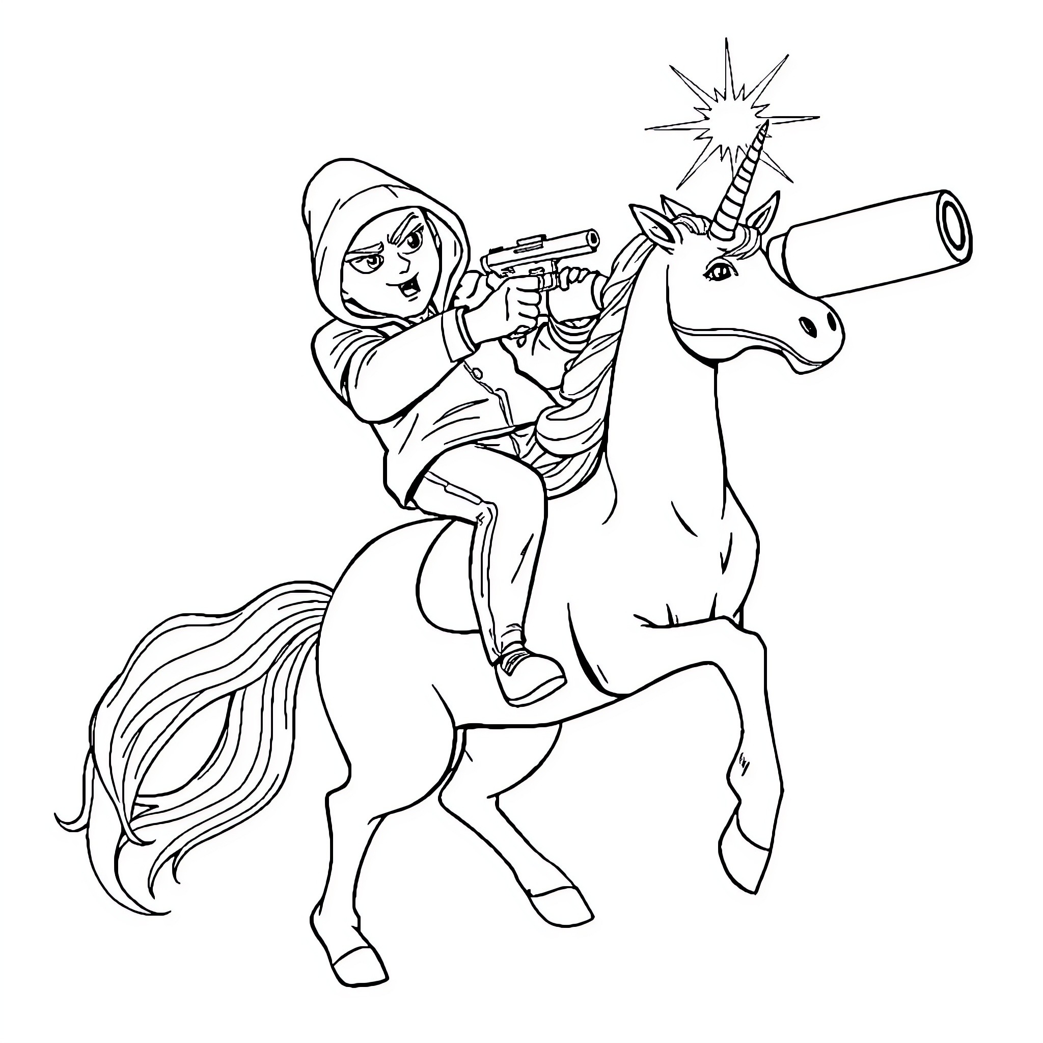 Eminem Riding a Unicorn with a Laser Gun Coloring Page (free black-and-white line drawing printable PDF for all, from beginners to advanced learners, including children, teens, adults, and seniors)