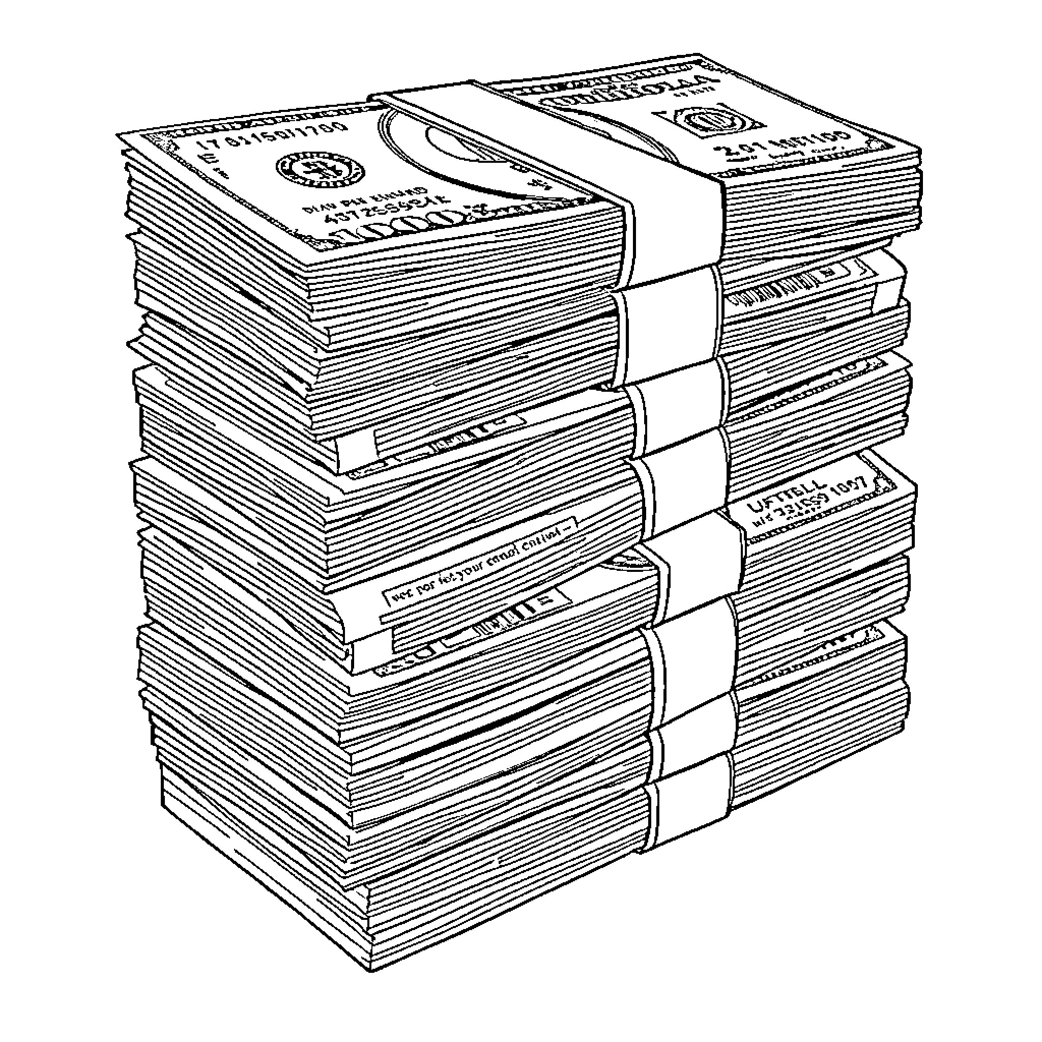 Dollar Bill Stacked in Bundles Coloring Page (free black-and-white line drawing printable PDF for all, from beginners to advanced learners, including children, teens, adults, and seniors)