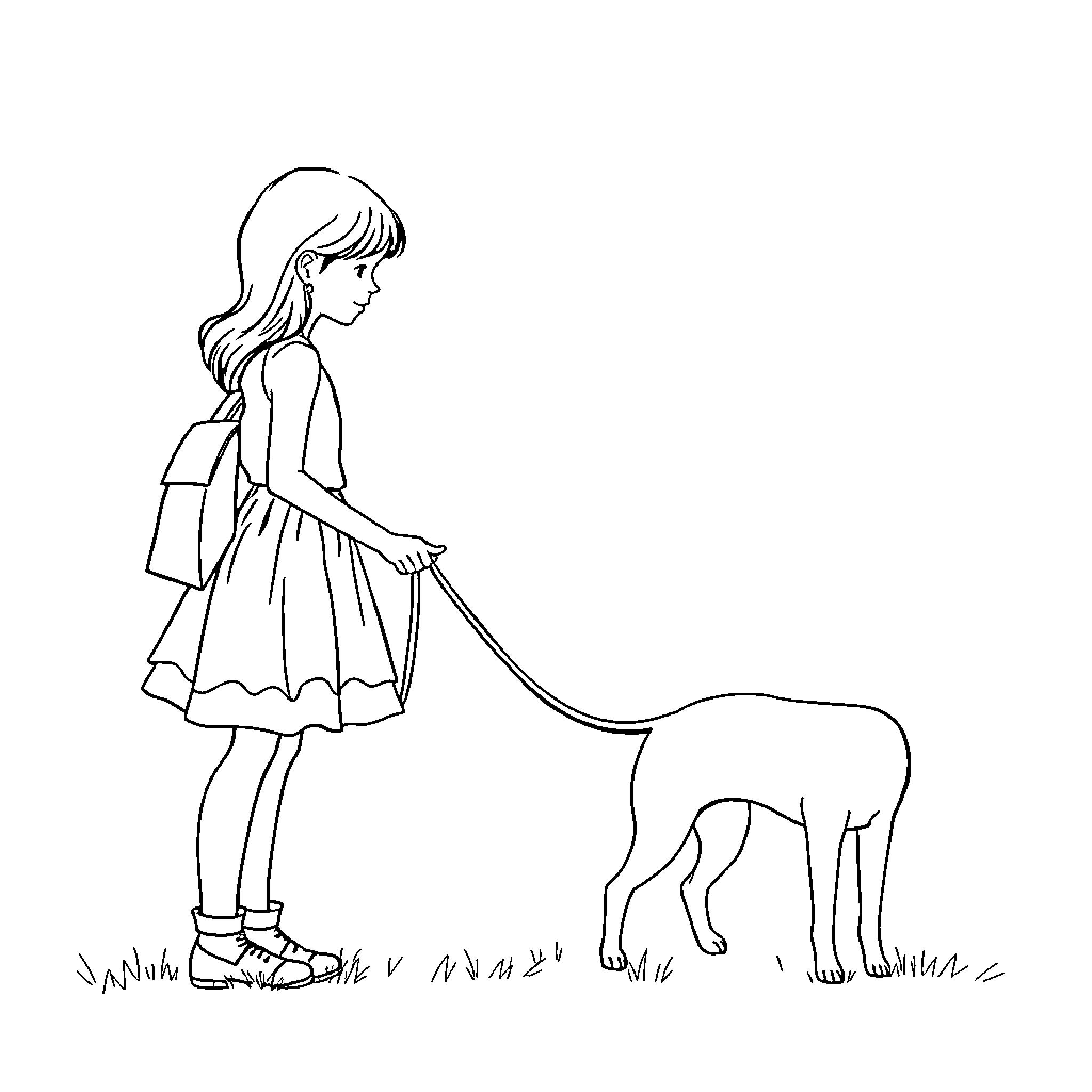 Girl walking her dog on a grassy field Coloring Page (free black-and-white line drawing printable PDF for all, from beginners to advanced learners, including children, teens, adults, and seniors)