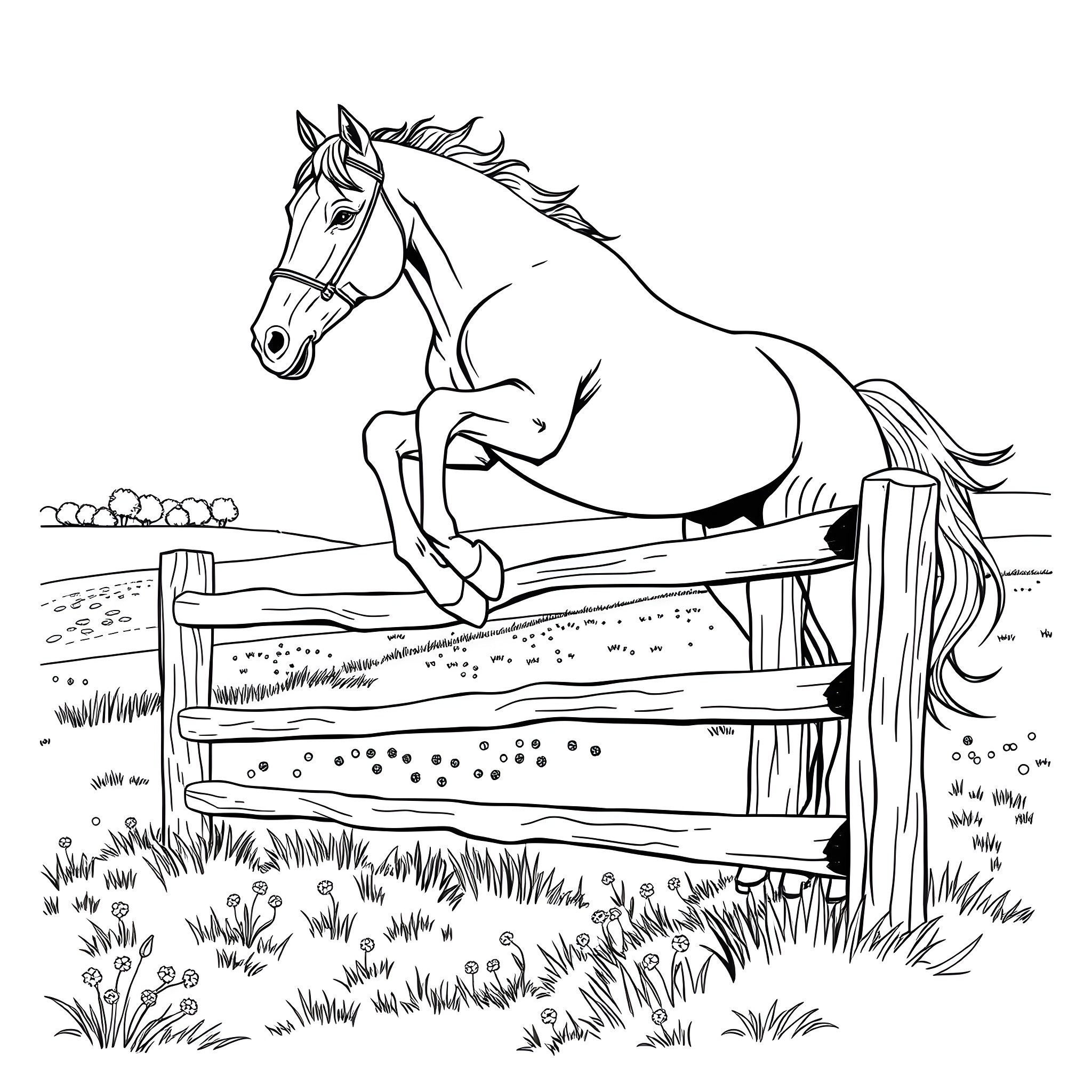Horse jumping over fence in the field Coloring Page (free black-and-white line drawing printable PDF for all, from beginners to advanced learners, including children, teens, adults, and seniors)