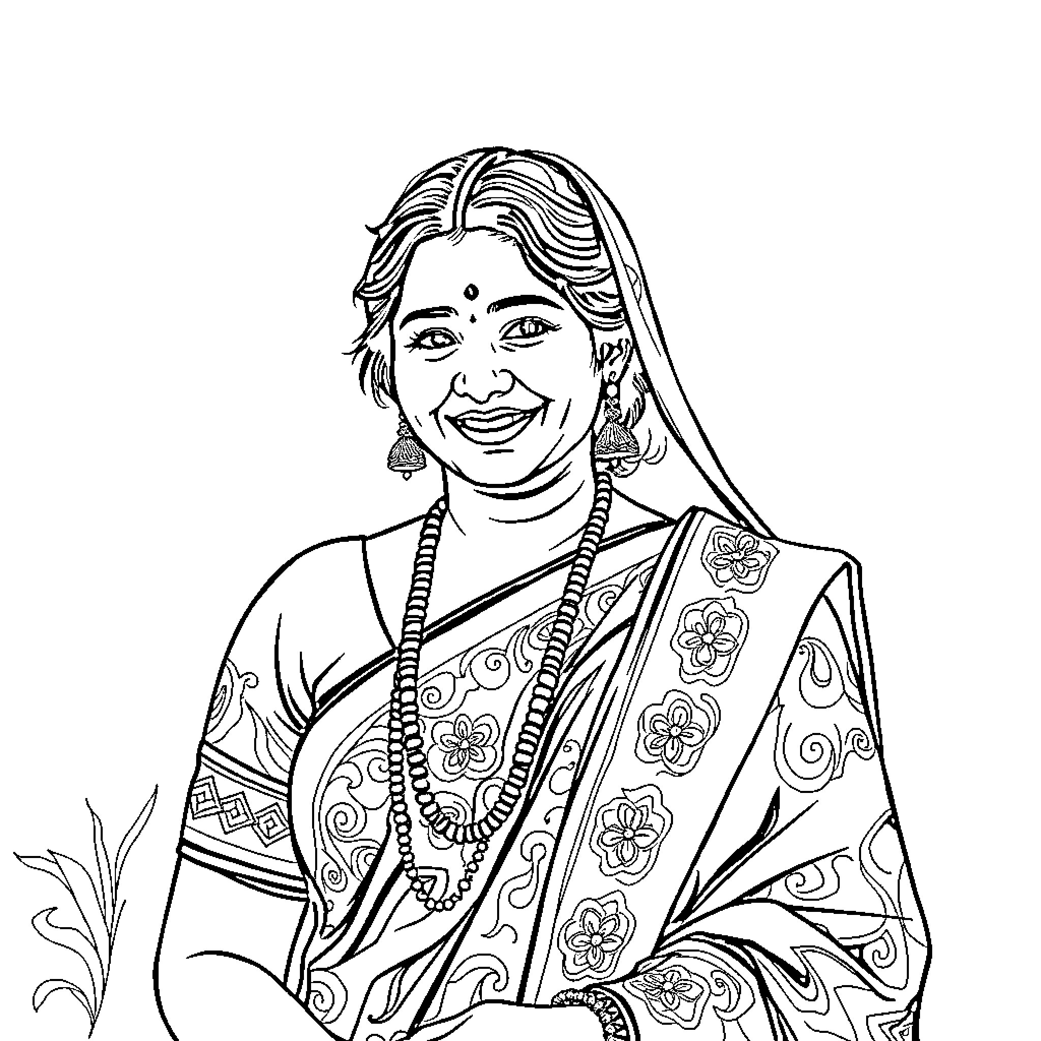 Savitha's Joyful Expression in Traditional Attire Coloring Page (free black-and-white line drawing printable PDF for all, from beginners to advanced learners, including children, teens, adults, and seniors)