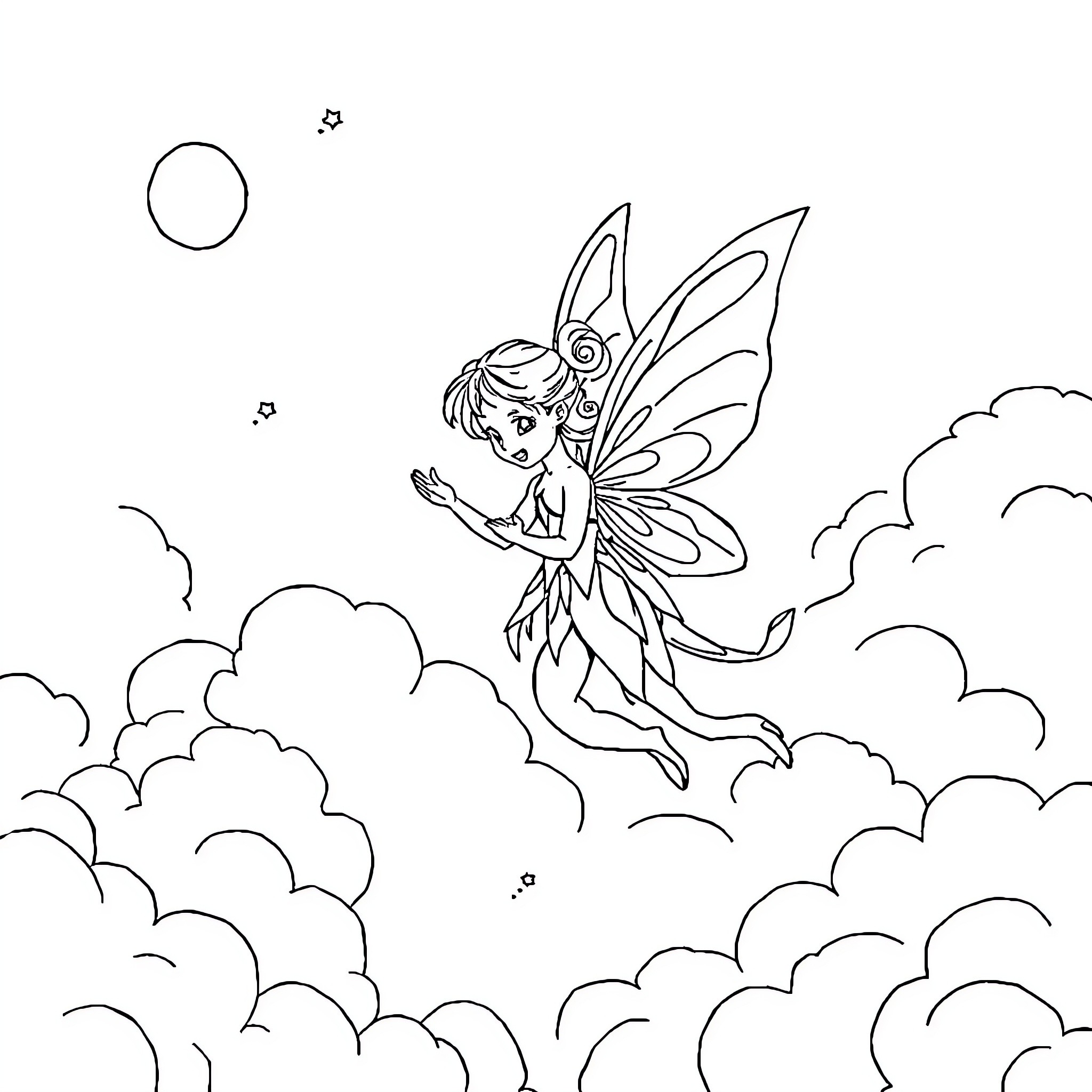 Fairy soaring through the clouds Coloring Page (free black-and-white line drawing printable PDF for all, from beginners to advanced learners, including children, teens, adults, and seniors)
