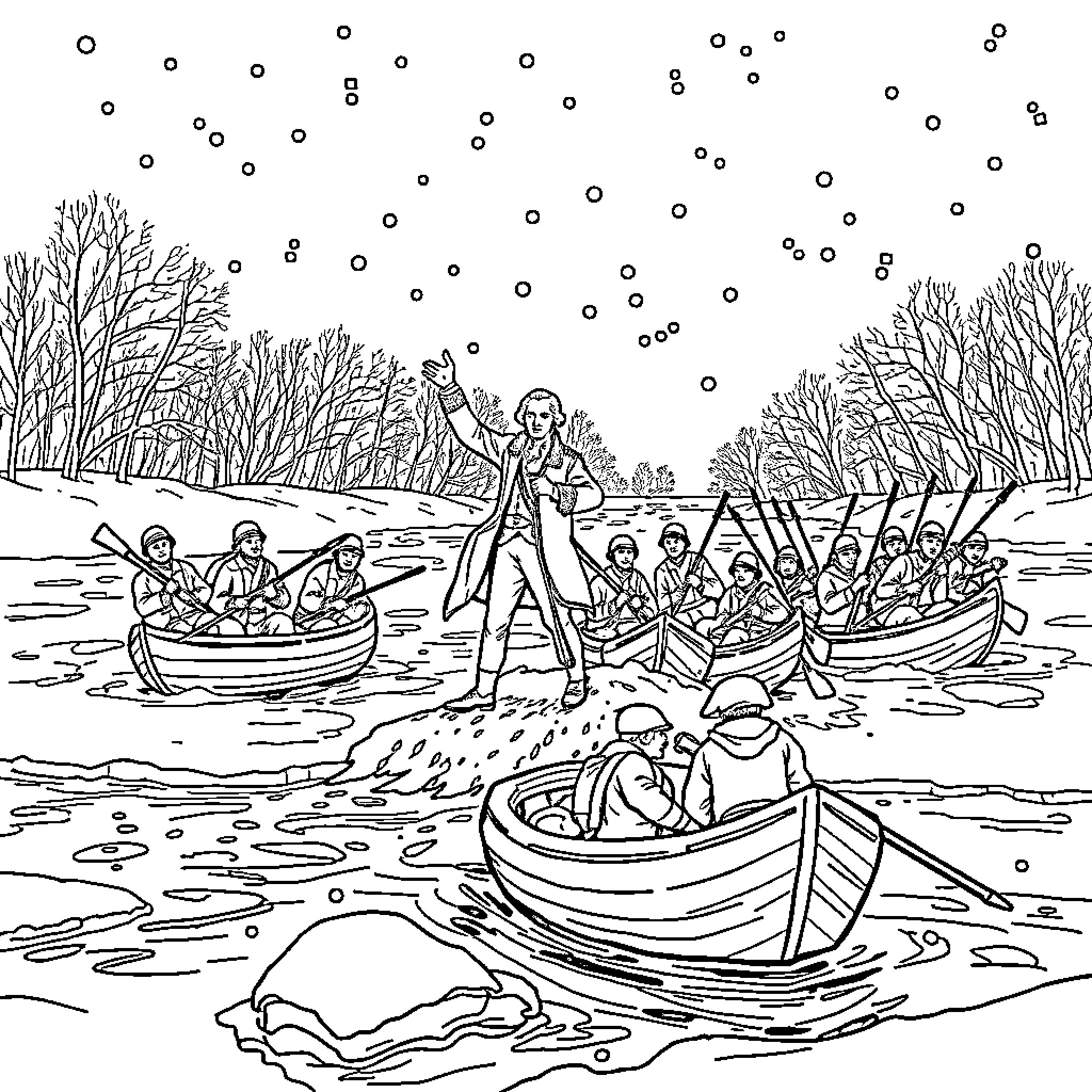 George Washington Leading Troops Across the Delaware River Coloring Page (free black-and-white line drawing printable PDF for all, from beginners to advanced learners, including children, teens, adults, and seniors)