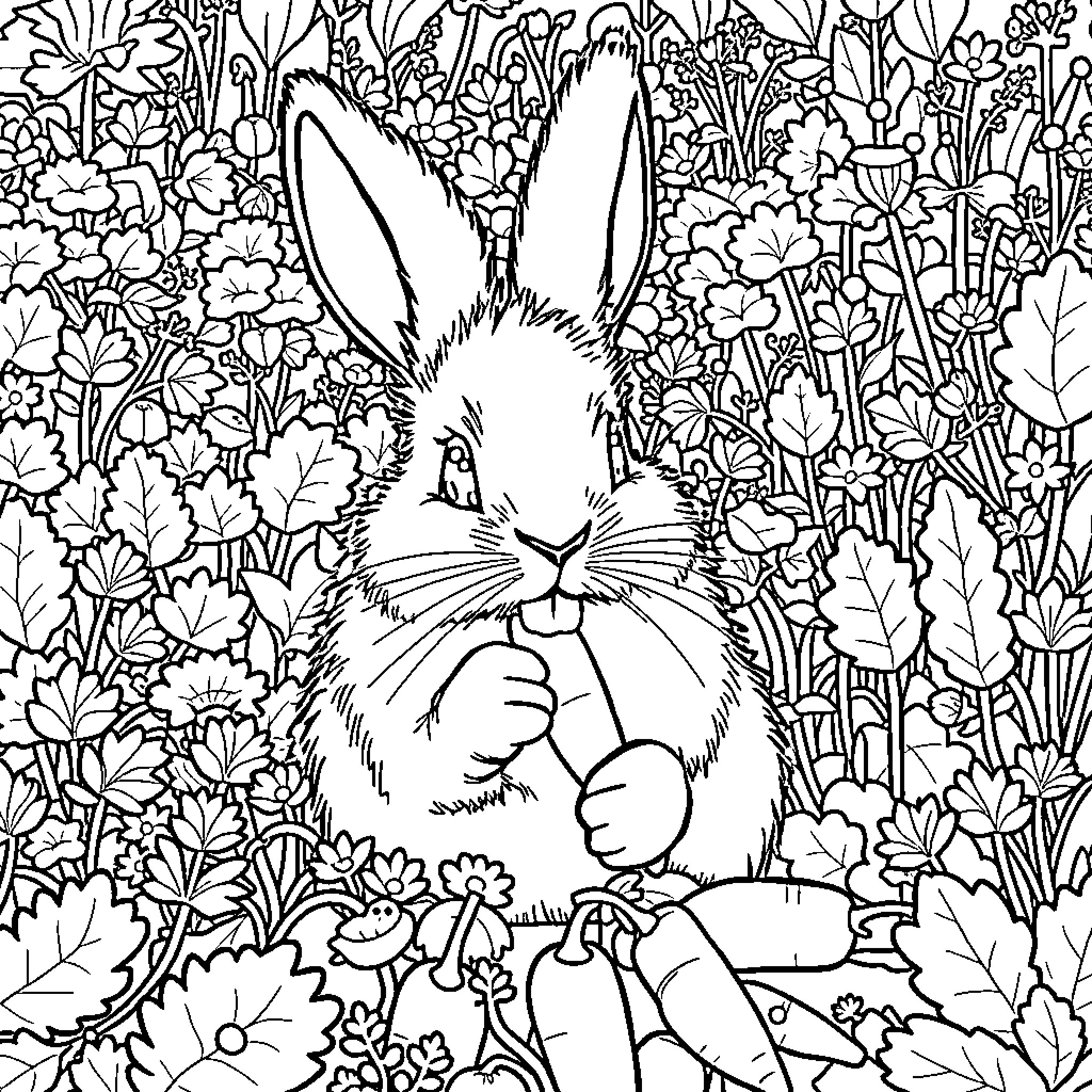 Rabbit in a flower-filled garden Coloring Page (free black-and-white line drawing printable PDF for all, from beginners to advanced learners, including children, teens, adults, and seniors)