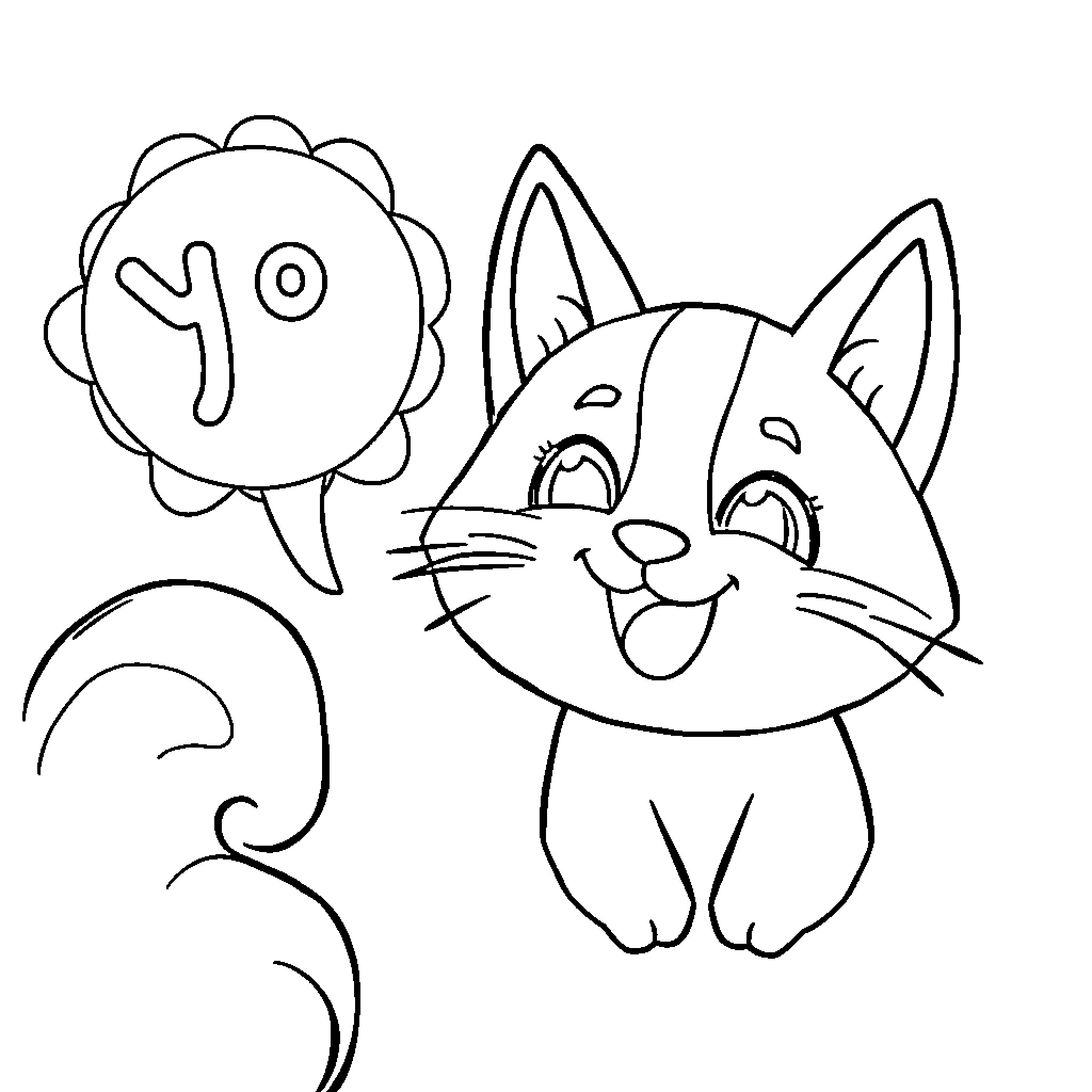 Yoyoyou Cute Cartoon Cat Playing with Flower Coloring Page (free black-and-white line drawing printable PDF for all, from beginners to advanced learners, including children, teens, adults, and seniors)