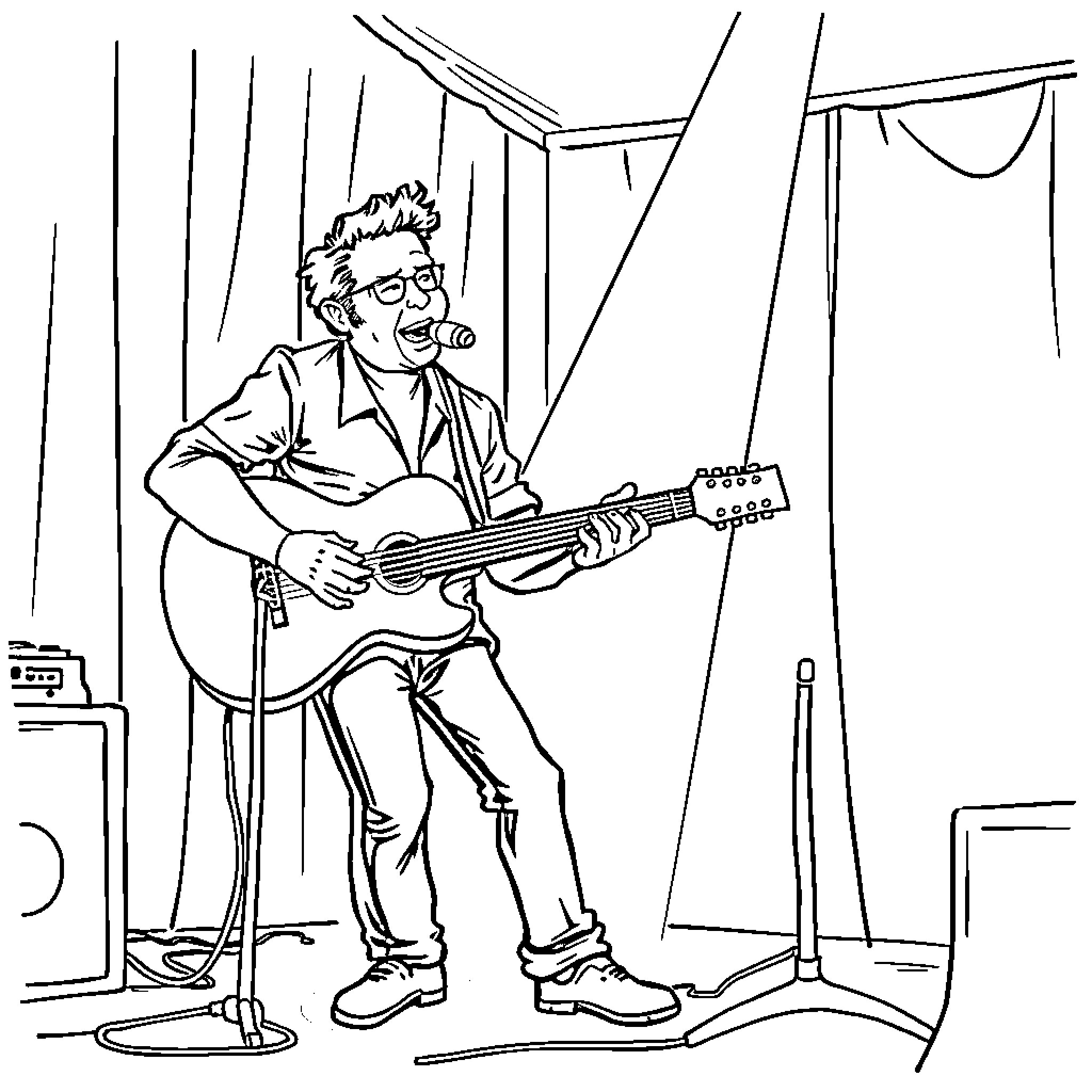 Freddy's Guitar Performance on Stage Coloring Page (free black-and-white line drawing printable PDF for all, from beginners to advanced learners, including children, teens, adults, and seniors)