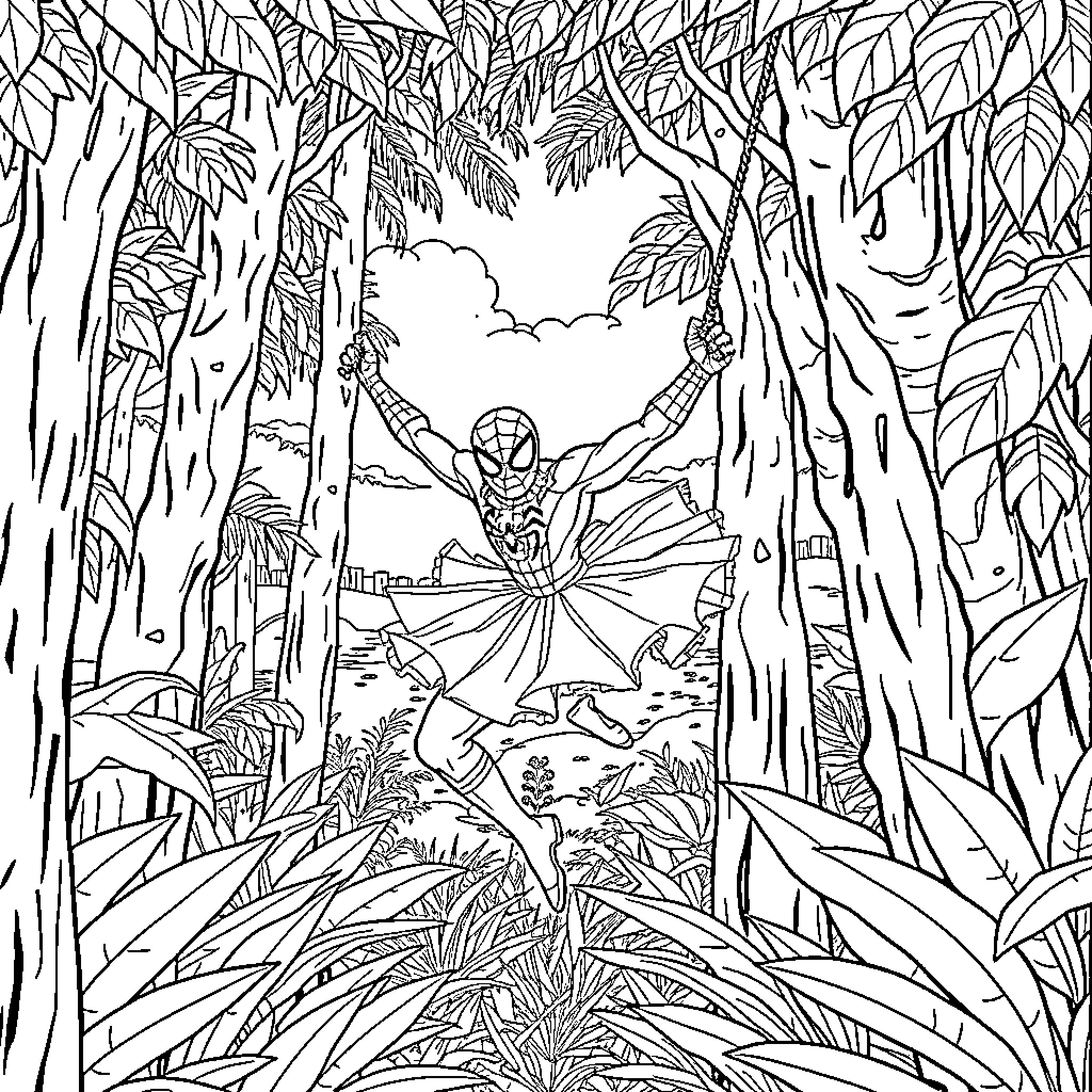 Spiderman swings through the jungle canopy Coloring Page (free black-and-white line drawing printable PDF for all, from beginners to advanced learners, including children, teens, adults, and seniors)