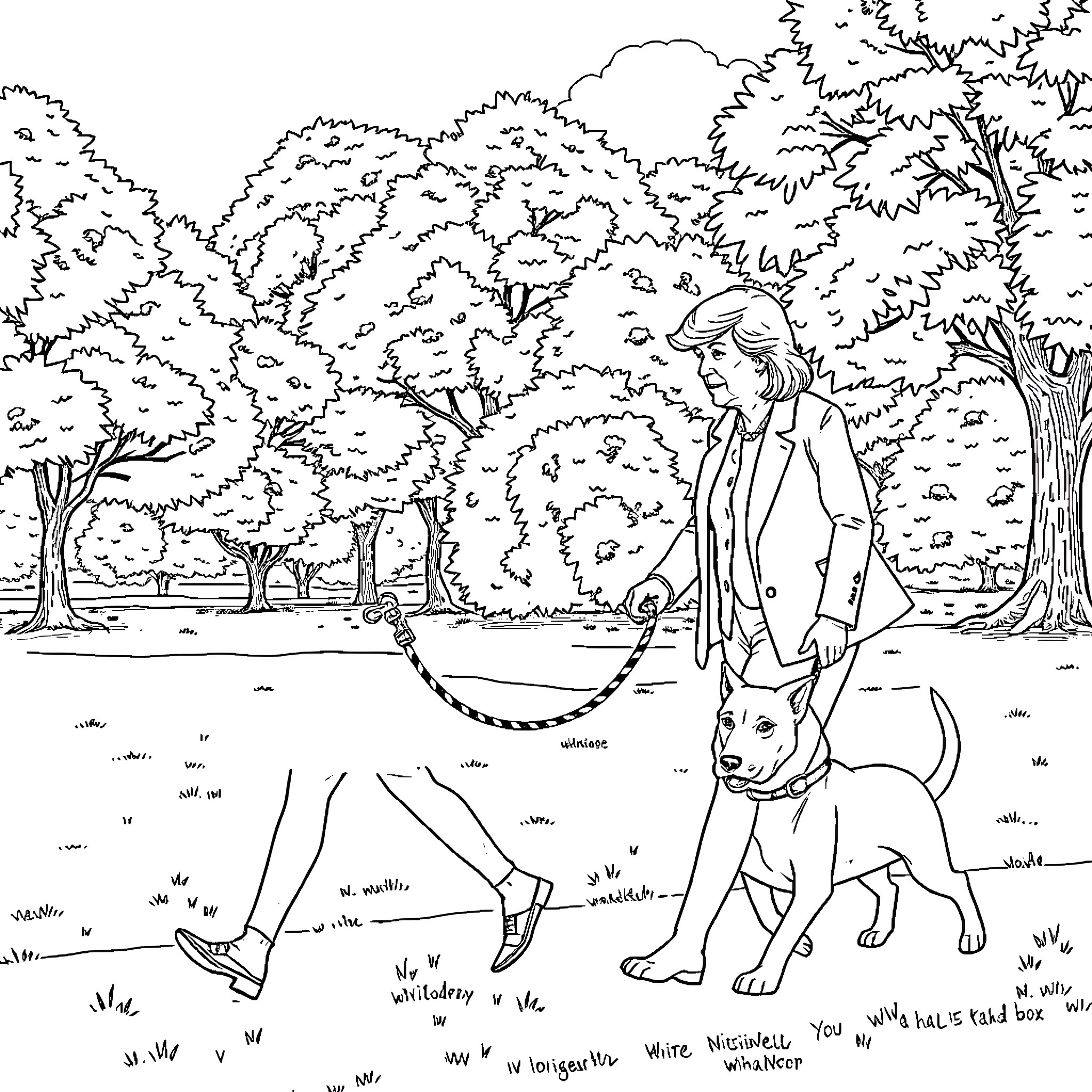 Mette Frederiksen walking her dog in the park Coloring Page (free black-and-white line drawing printable PDF for all, from beginners to advanced learners, including children, teens, adults, and seniors)