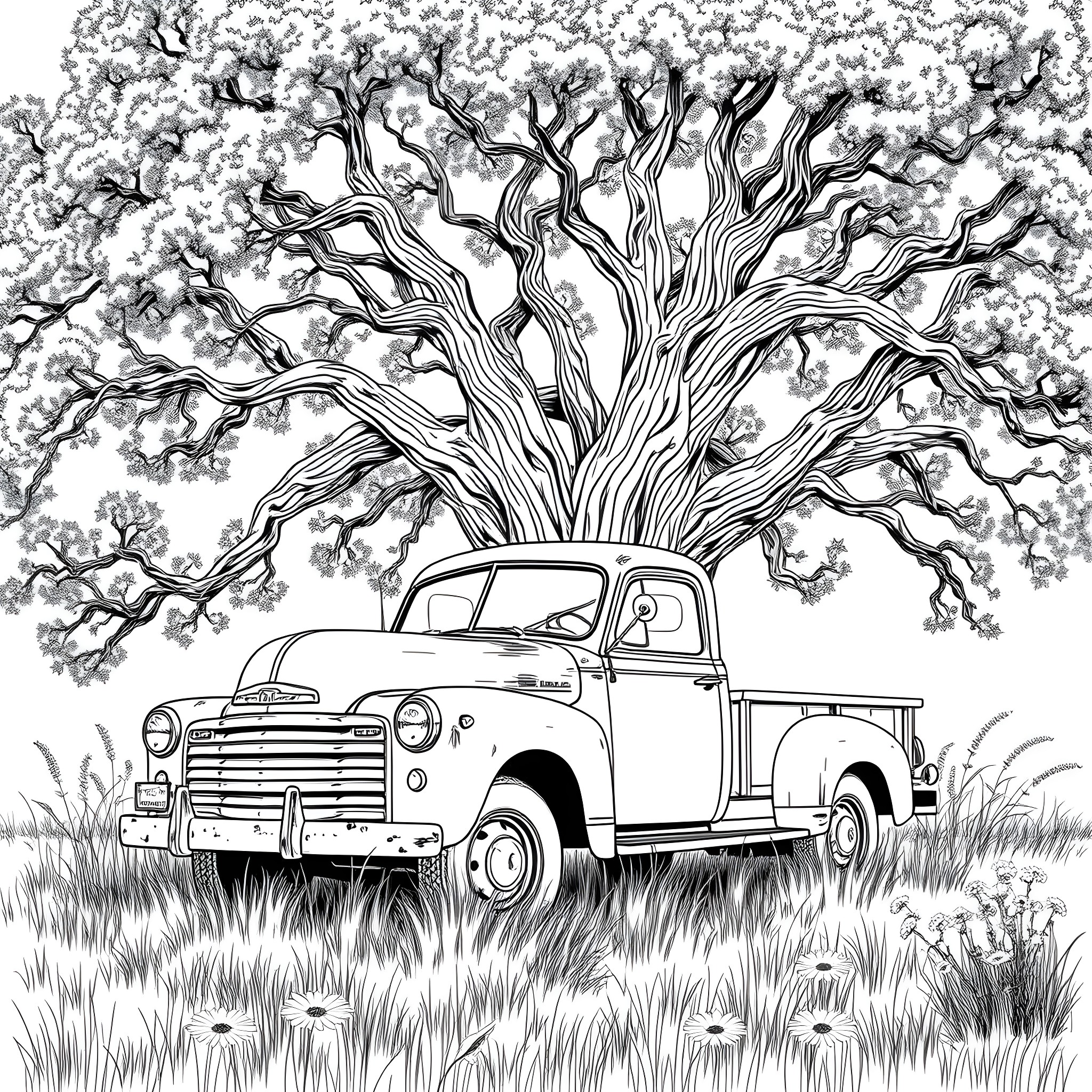 Truck parked under a large, twisted tree Coloring Page (free black-and-white line drawing printable PDF for all, from beginners to advanced learners, including children, teens, adults, and seniors)