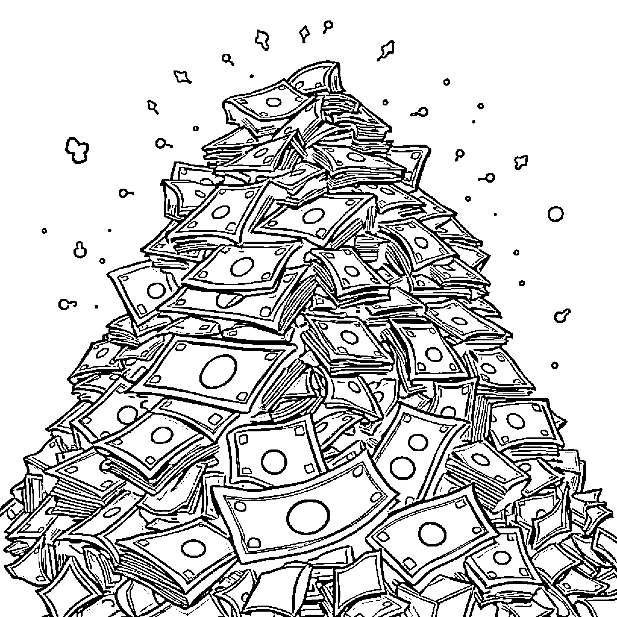 Idea for a whimsical pile of cash Coloring Page (free black-and-white line drawing printable PDF for all, from beginners to advanced learners, including children, teens, adults, and seniors)