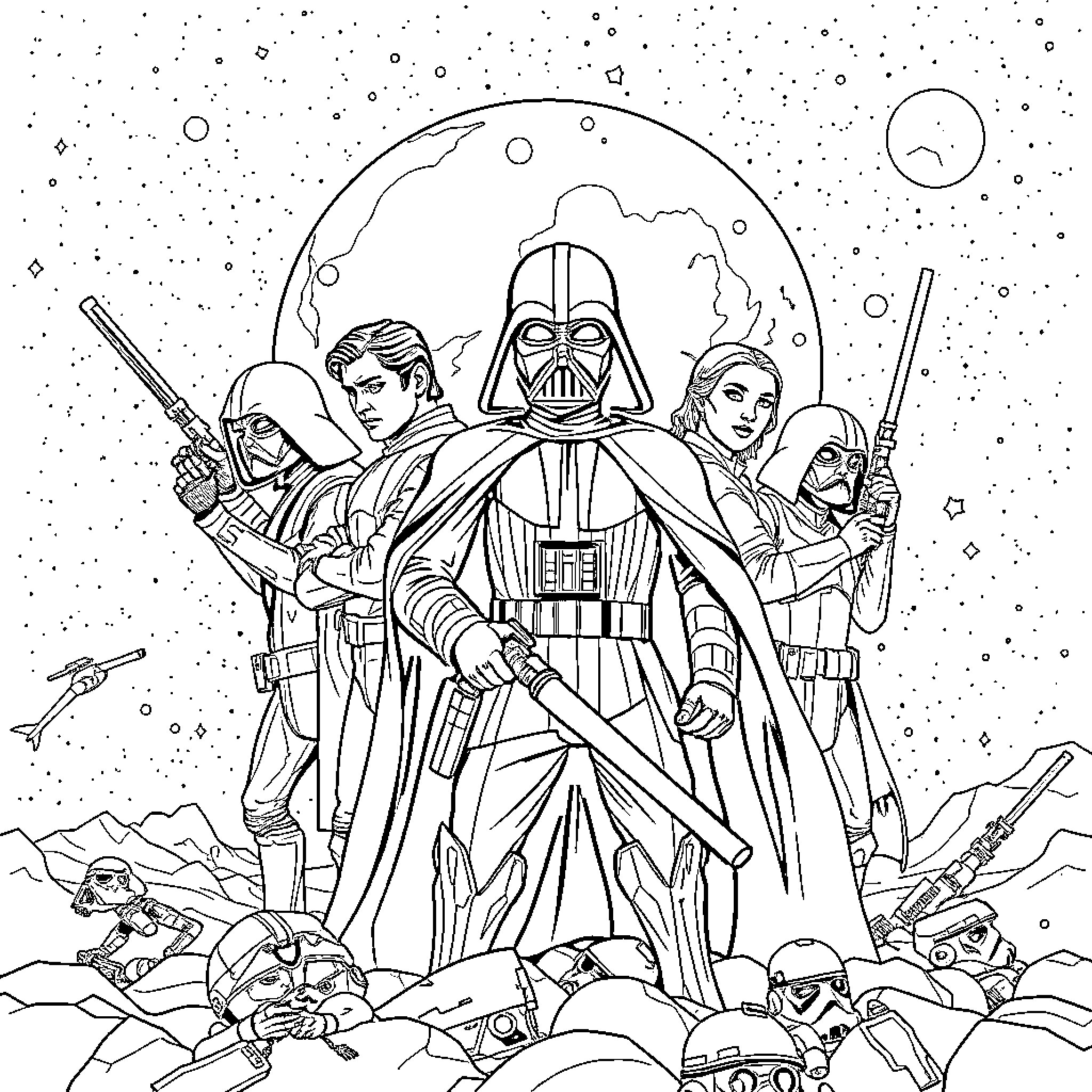 Star Wars Iconic Characters in Heroic Pose Coloring Page (free black-and-white line drawing printable PDF for all, from beginners to advanced learners, including children, teens, adults, and seniors)