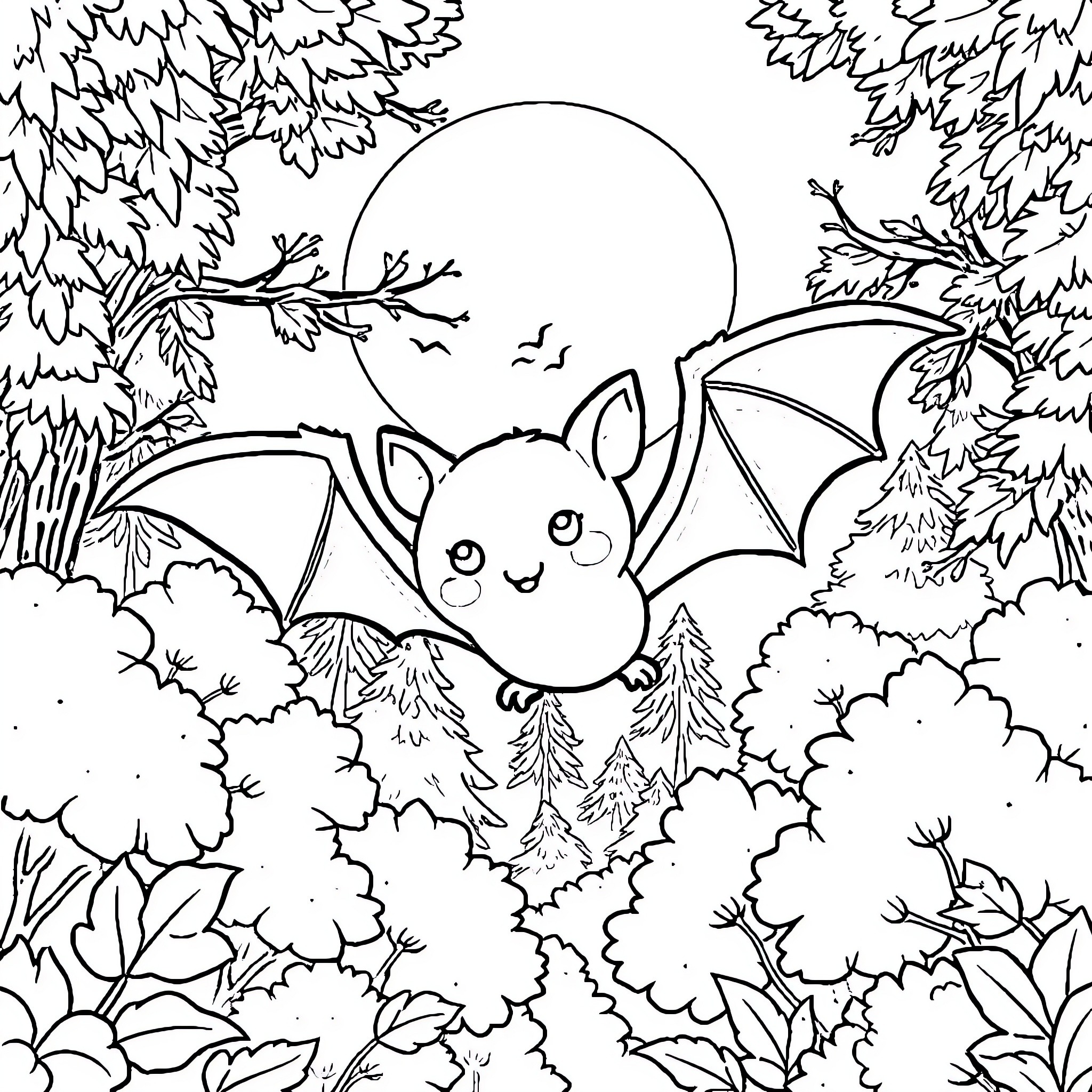 Bat flying amidst night scenery with full moon Coloring Page (free black-and-white line drawing printable PDF for all, from beginners to advanced learners, including children, teens, adults, and seniors)