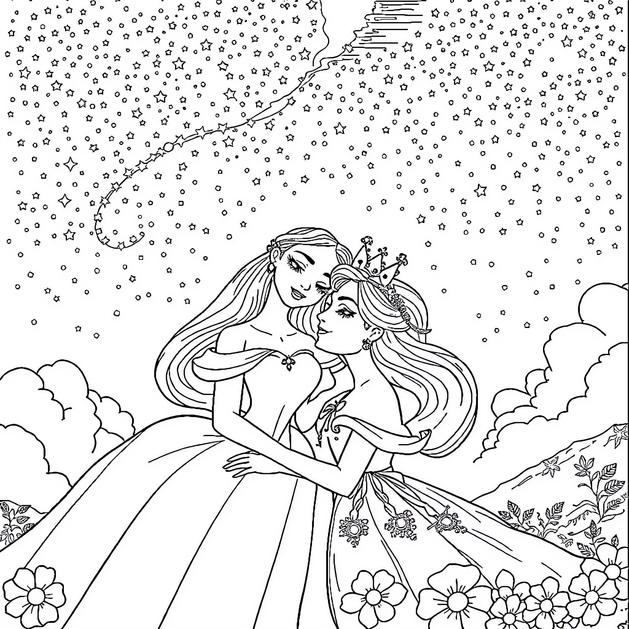 Princess Embracing Her Daughter Under the Starry Sky Coloring Page (free black-and-white line drawing printable PDF for all, from beginners to advanced learners, including children, teens, adults, and seniors)