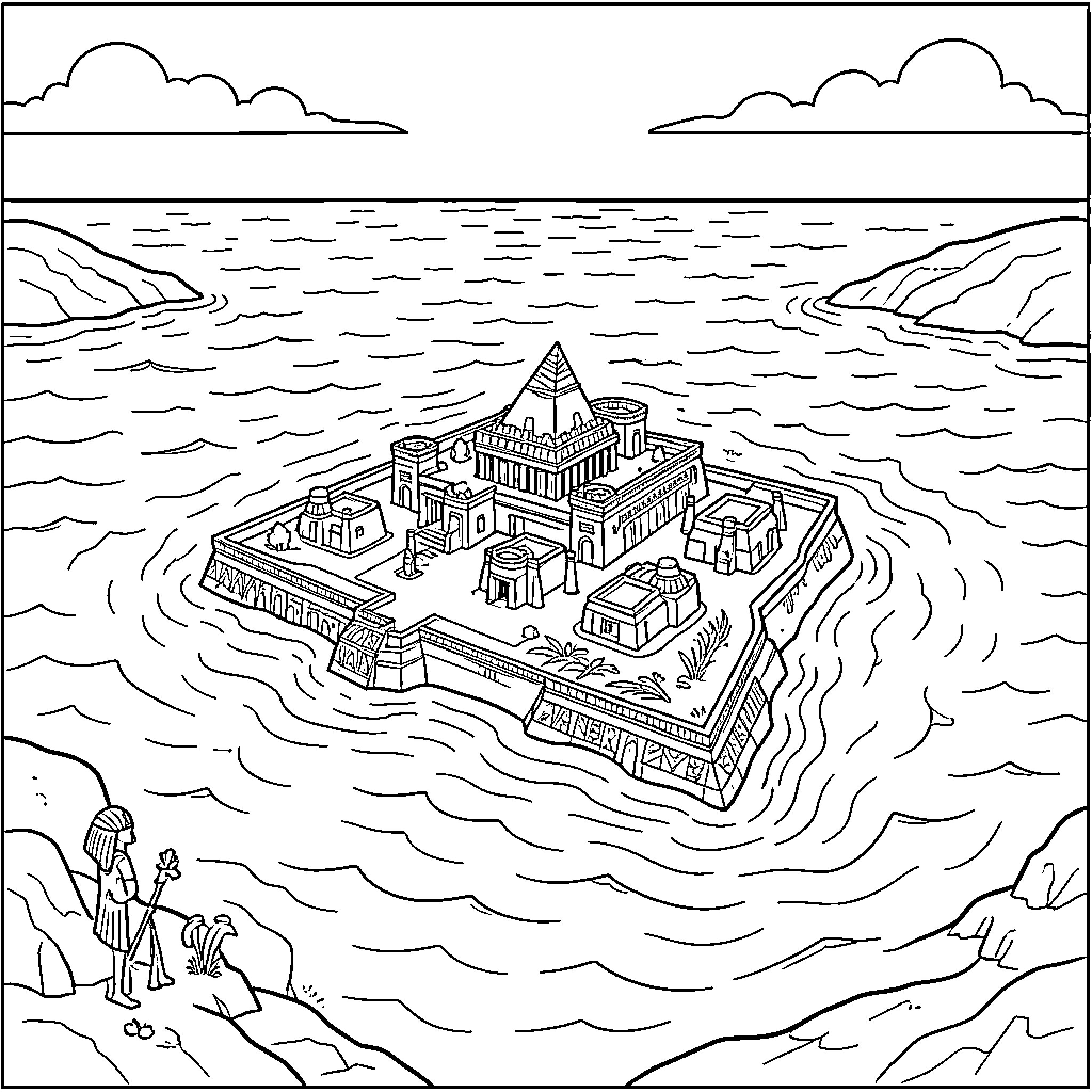 Sea view of an ancient fortress on an island Coloring Page (free black-and-white line drawing printable PDF for all, from beginners to advanced learners, including children, teens, adults, and seniors)