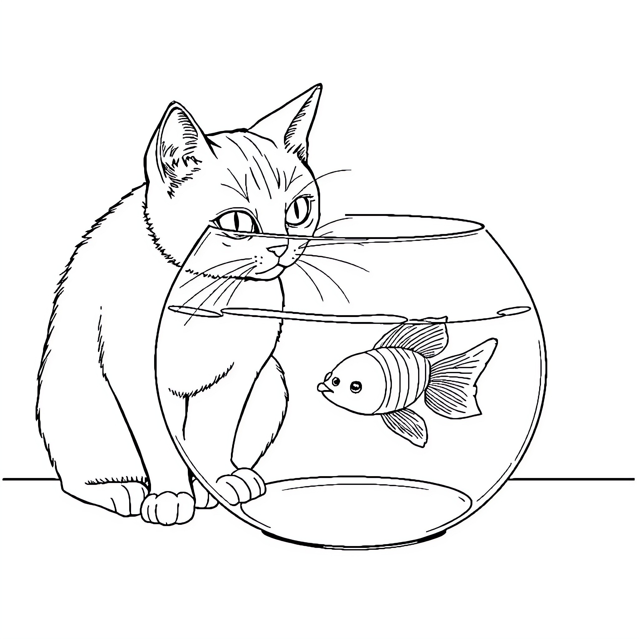 Cat curiously observing fish in a bowl Coloring Page (free black-and-white line drawing printable PDF for all, from beginners to advanced learners, including children, teens, adults, and seniors)