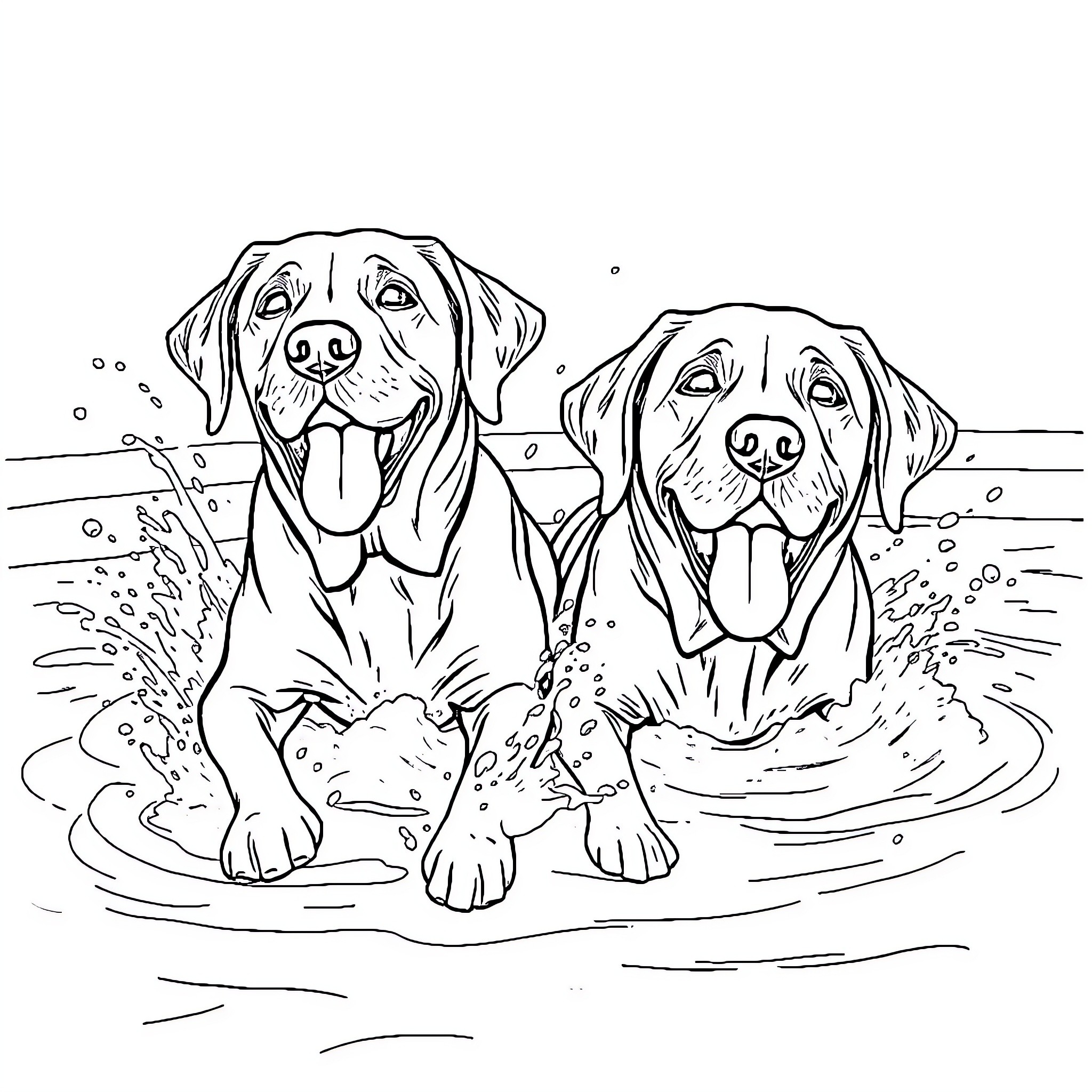 Labrador Retrievers Happily Playing in the Water Coloring Page (free black-and-white line drawing printable PDF for all, from beginners to advanced learners, including children, teens, adults, and seniors)