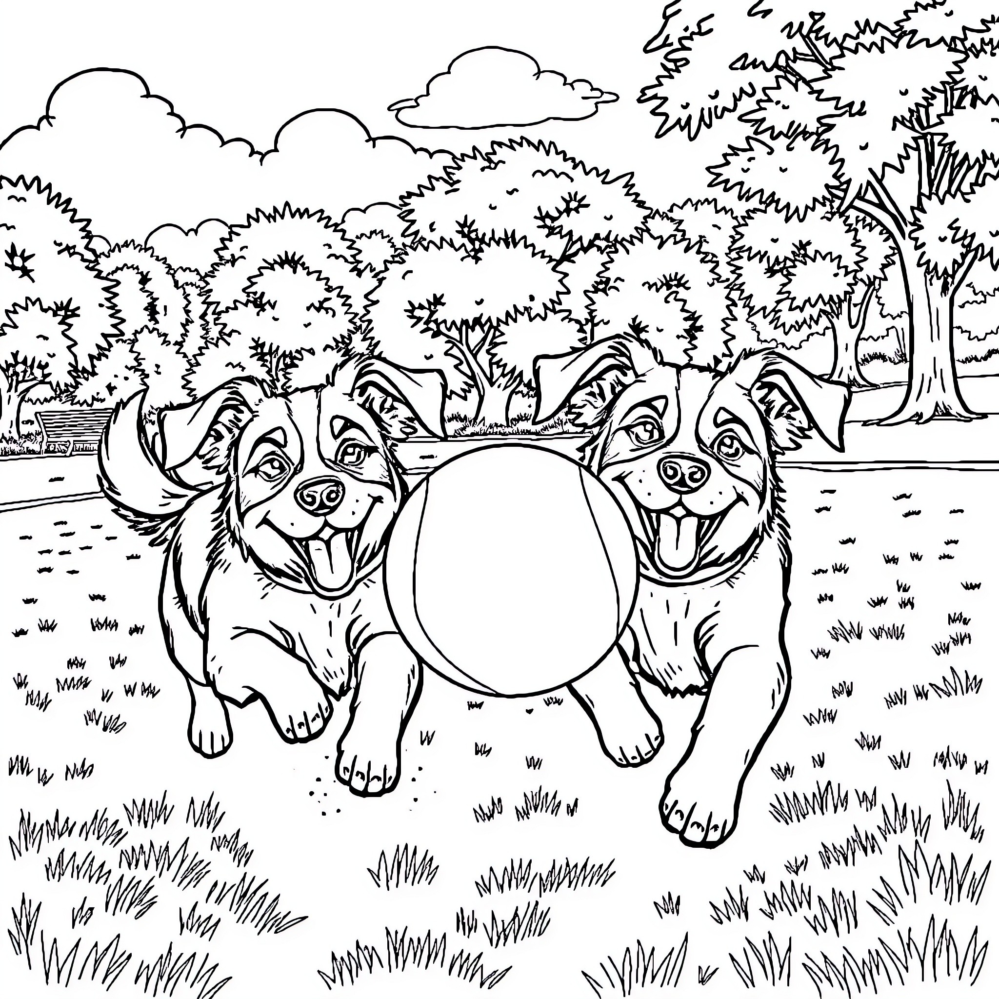 Dog playing with ball in the park Coloring Page (free black-and-white line drawing printable PDF for all, from beginners to advanced learners, including children, teens, adults, and seniors)